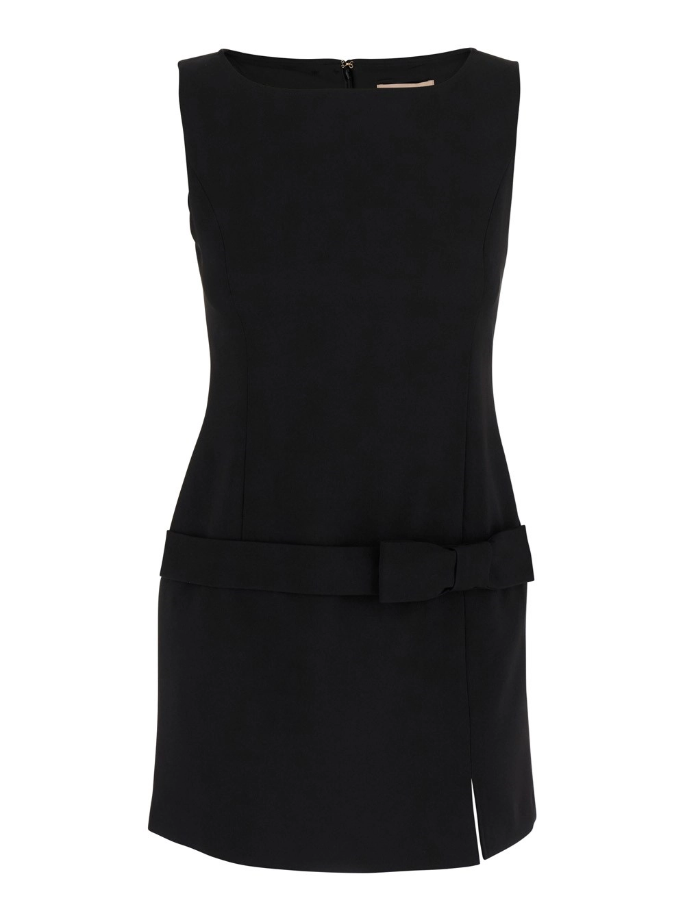 Schwarzes Minikleid mit Rundhalsausschnitt, Schleifendetail vorne und Logoplakette hinten aus technischem Stoff Stretch Damen