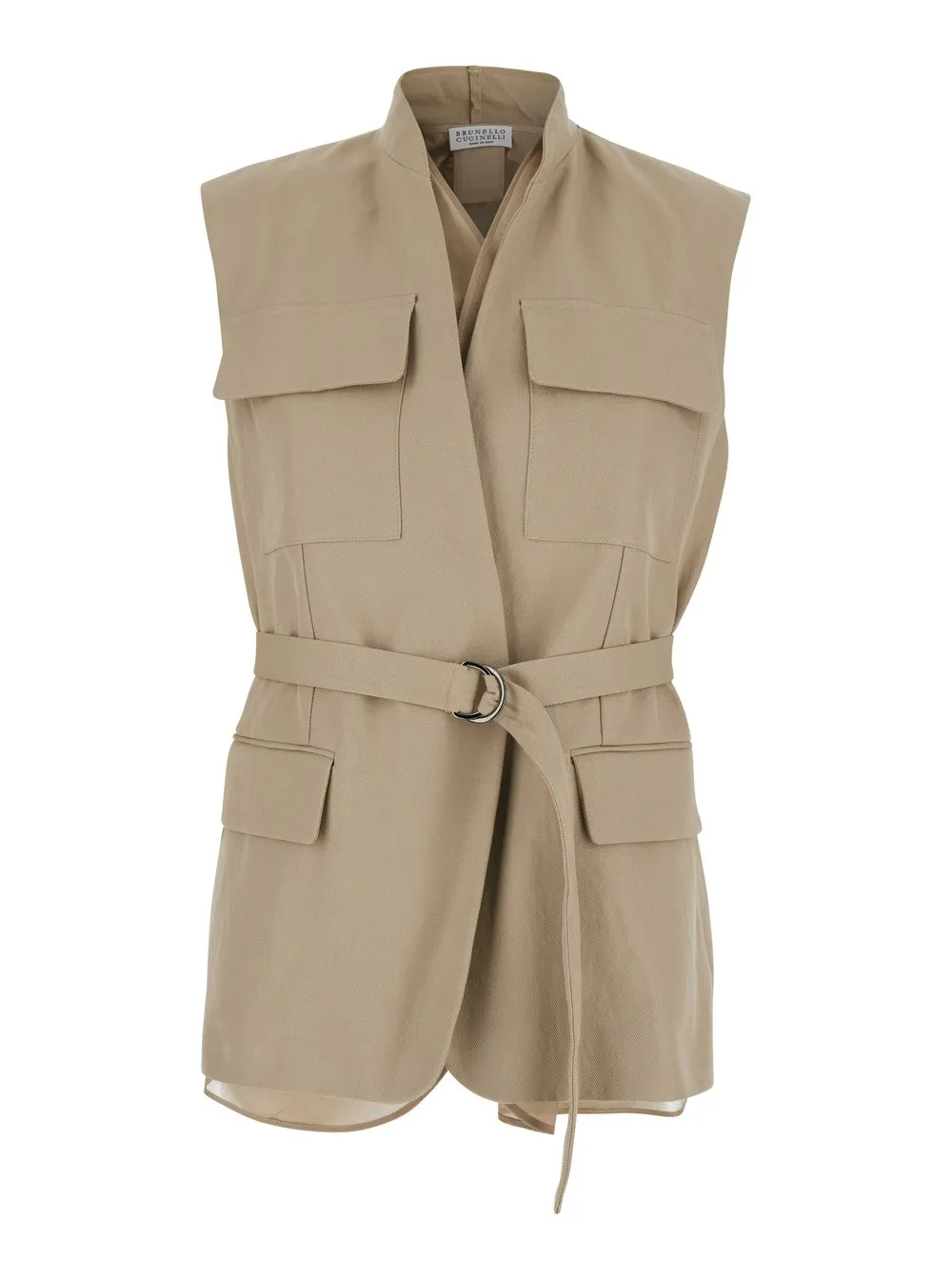 Ärmellose Jacke für Damen aus Baumwolle in Beige mit Gürtel und Monil-Detail hinten