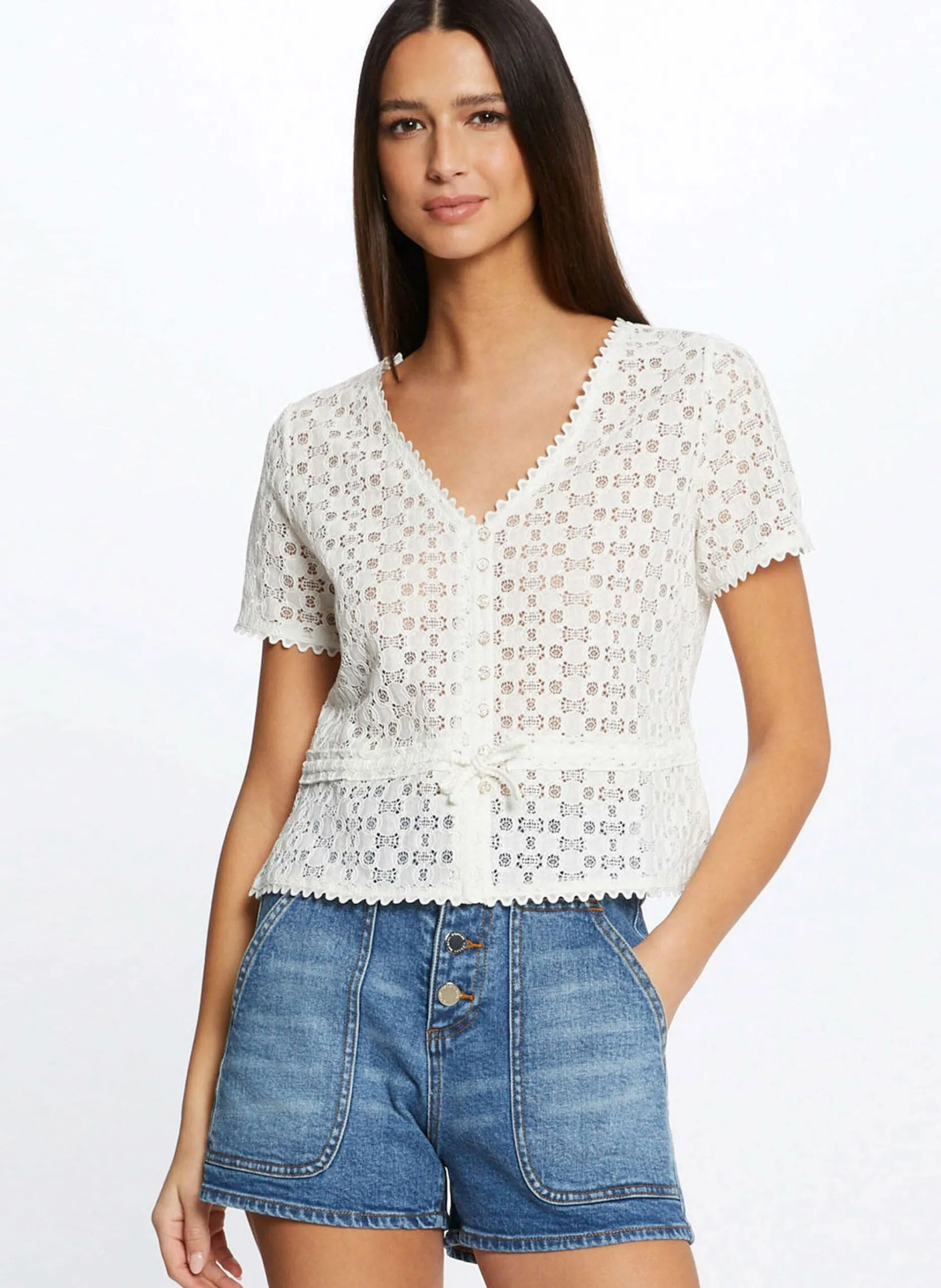 V-Ausschnitt-Top aus Spitze Beige 231-DATE