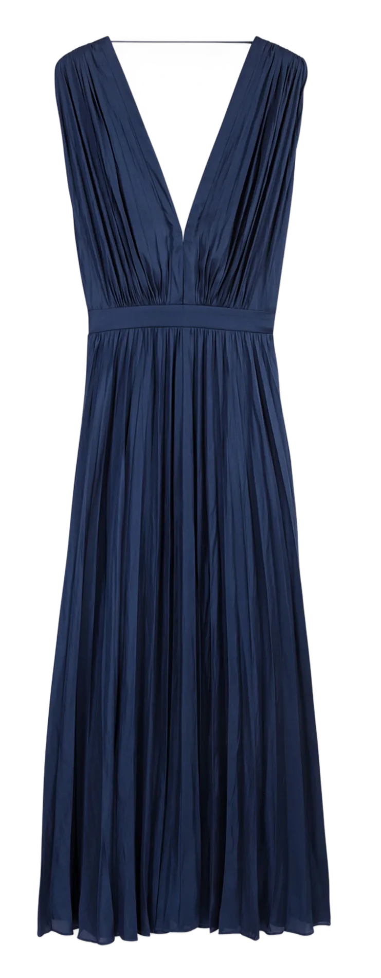 Plissiertes langes Kleid mit V-Ausschnitt aus Satin Blau