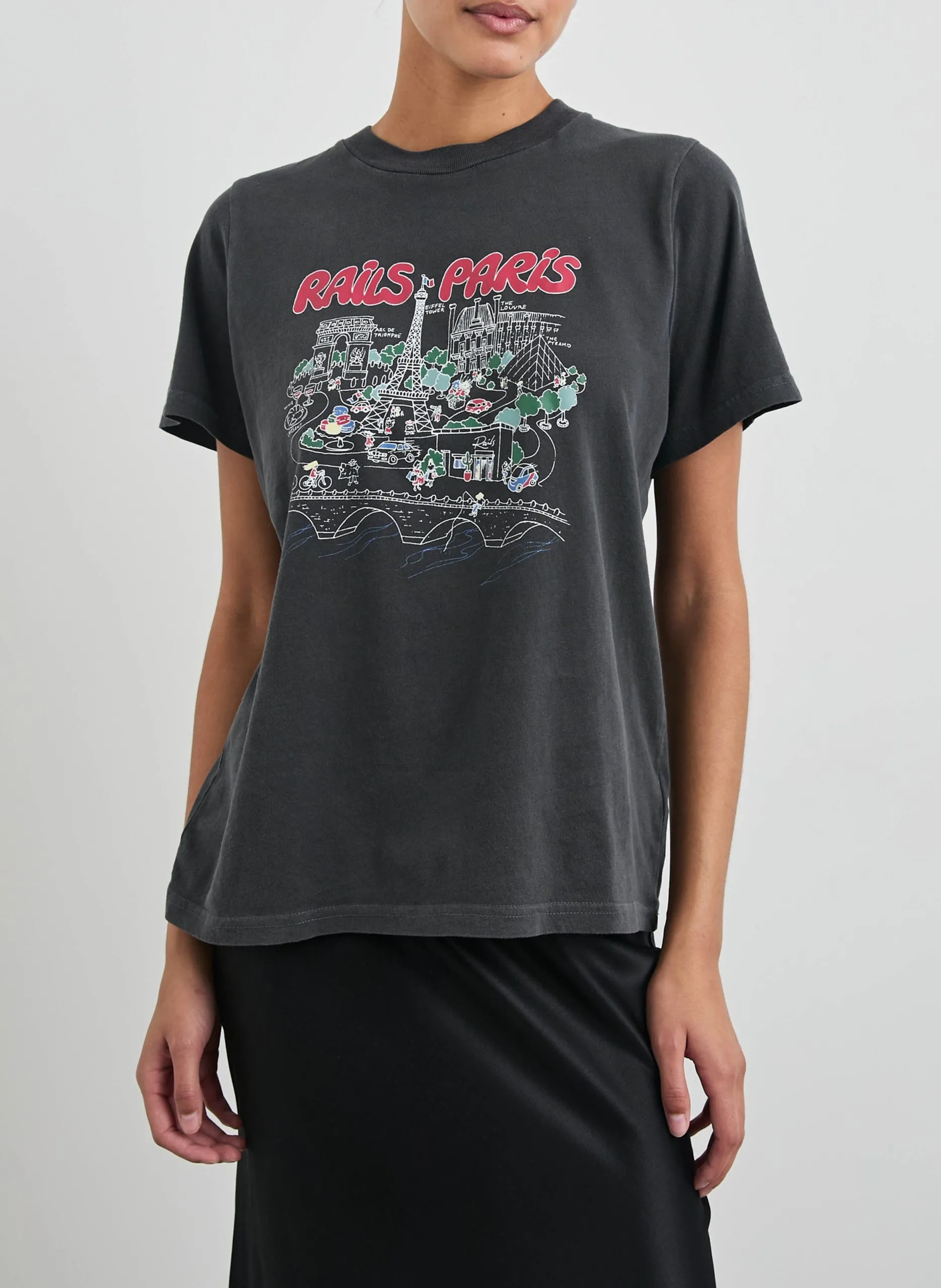 Gerade geschnittenes Rundhals-T-Shirt aus Baumwolle mit Siebdruck Schwarz BOYFRIEND