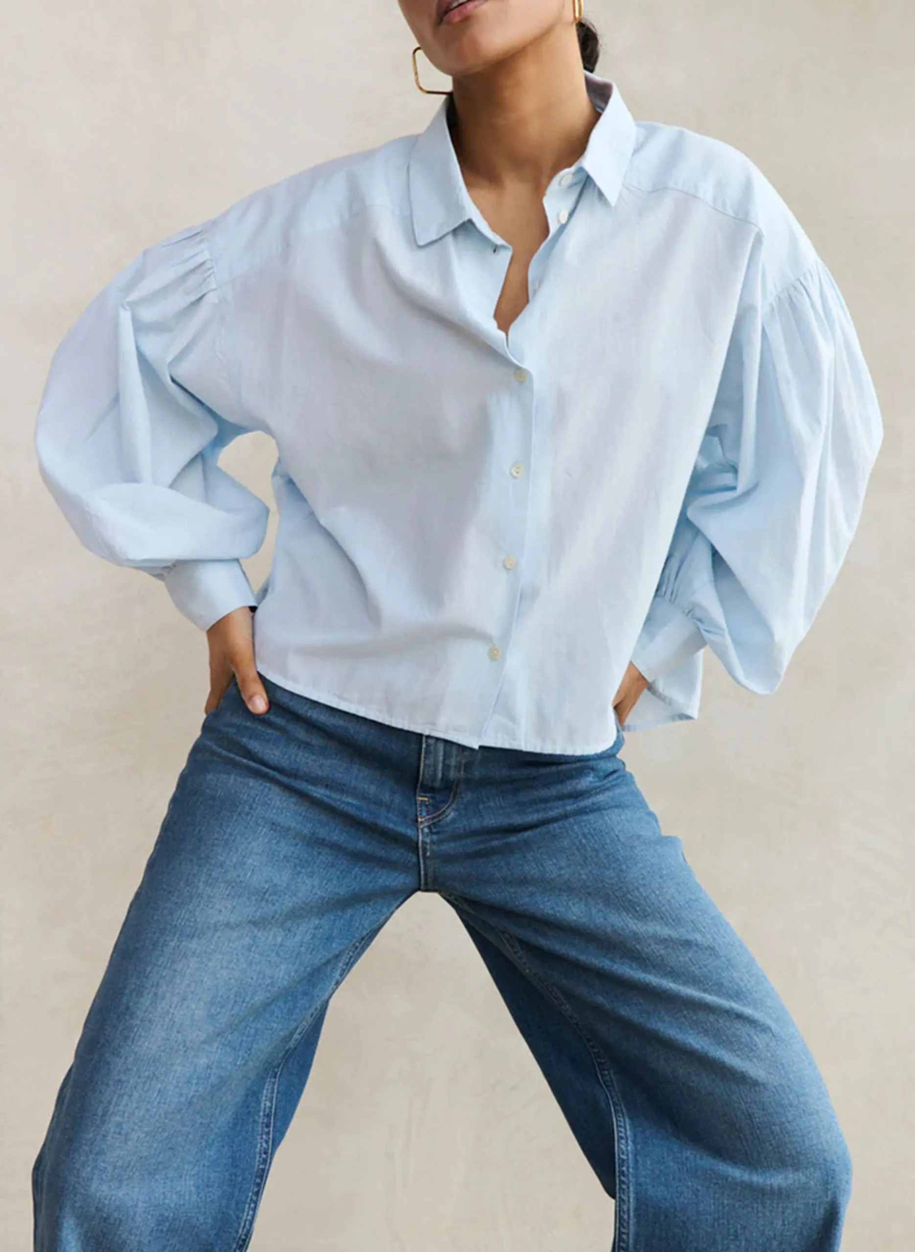 Weites kurzes Baumwollhemd Blau SARAH