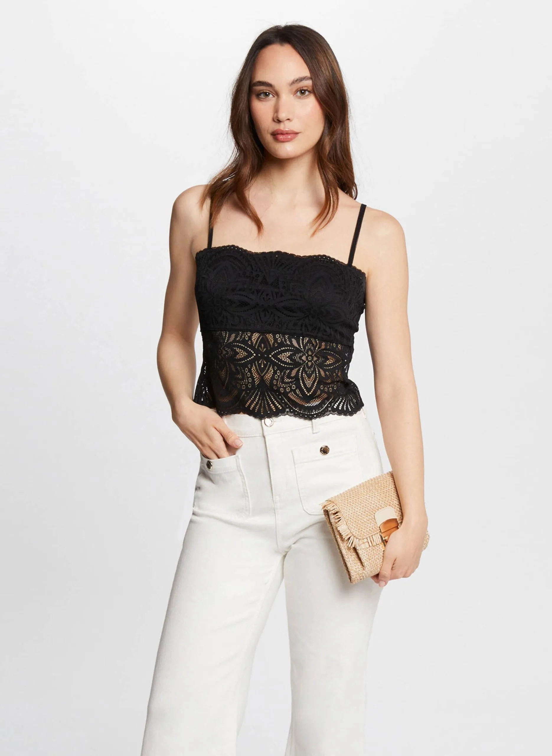 Spaghettiträger-Top aus Spitze Braun 242-BINGO