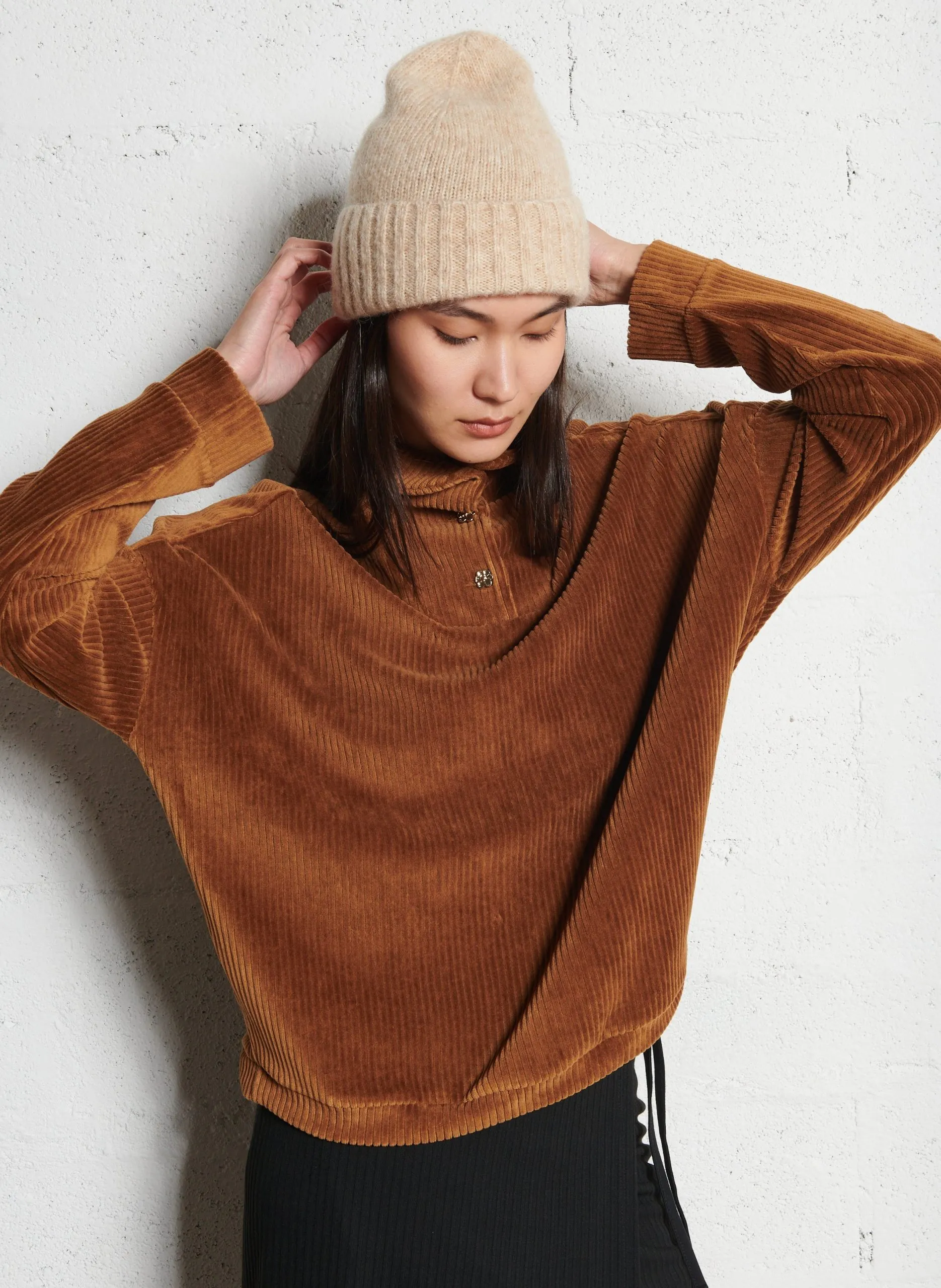 Sweatshirt mit Stehkragen und Knopfleiste aus Baumwollmischung Braun