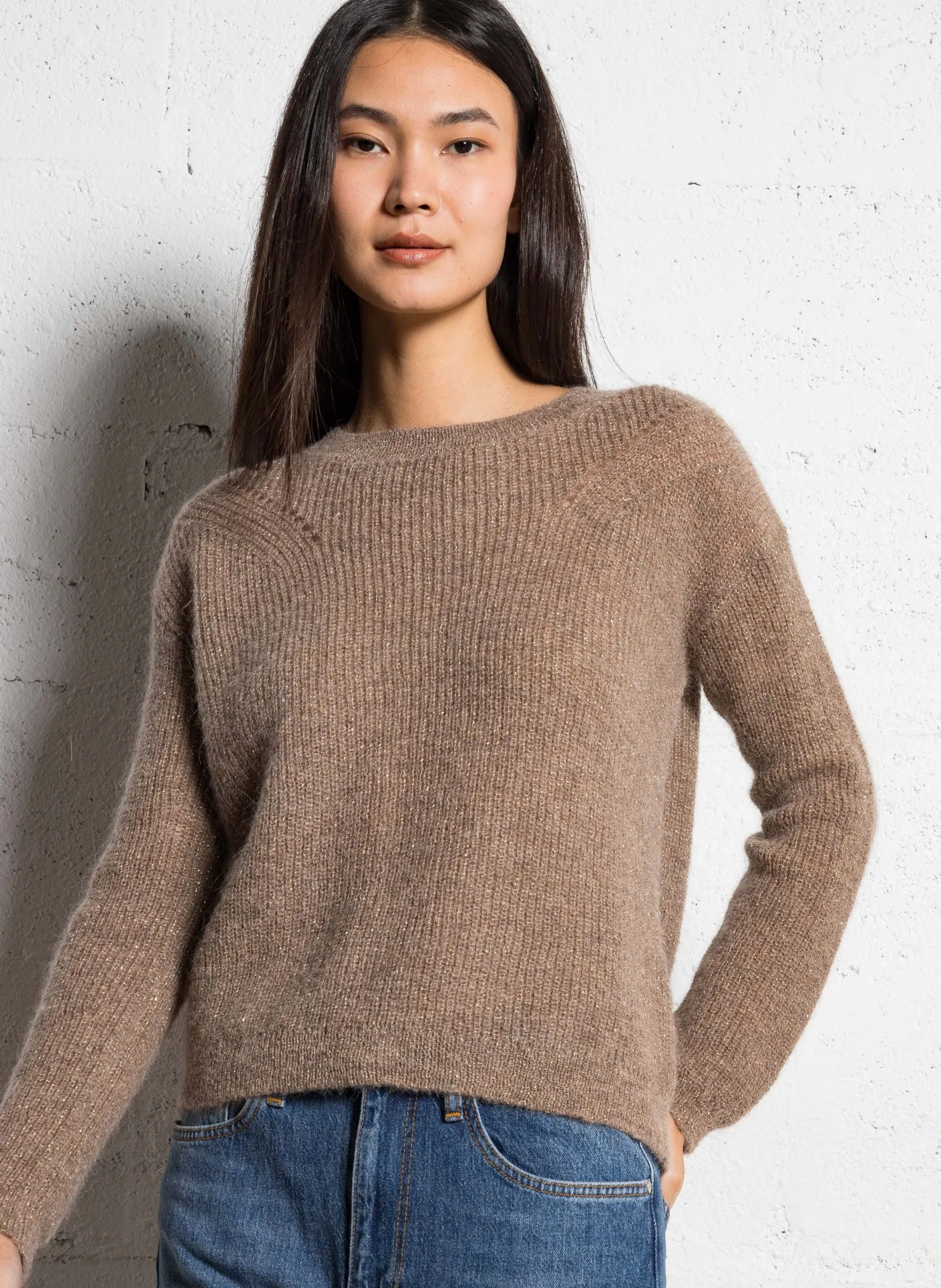 Weiter Metallic-Strickpullover mit Rundhalsausschnitt Braun MONCOEUROX