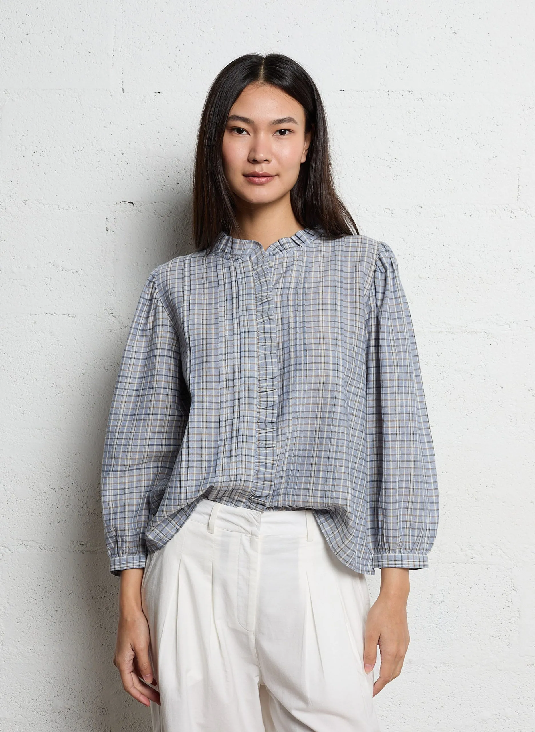 Weite Baumwollbluse mit Rundhalsausschnitt Grau