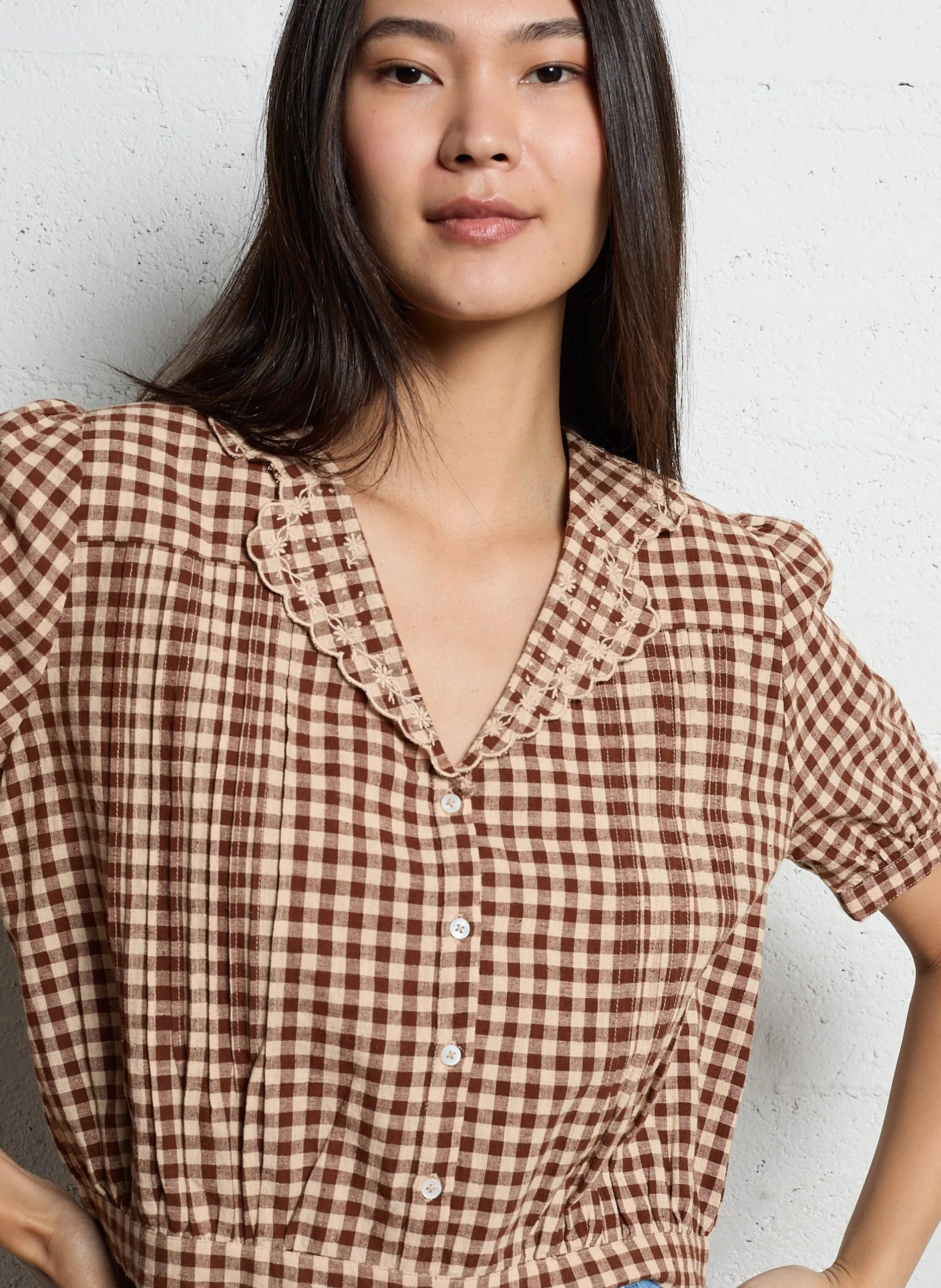 Bluse mit umgeschlagenem Kragen aus Baumwollmischung Braun