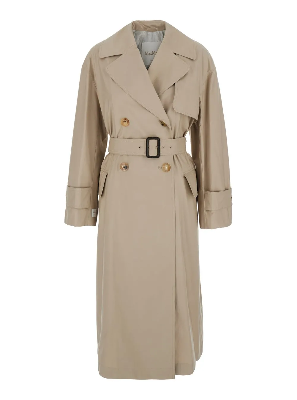 Beigefarbener doppelreihiger Trenchcoat mit Taillengürtel aus Baumwollmischung Damen