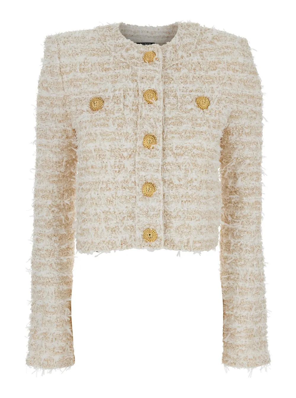 Strickjacke für Damen aus technischem Stoff in Weiß mit Rundhalsausschnitt und Schmuckknöpfen