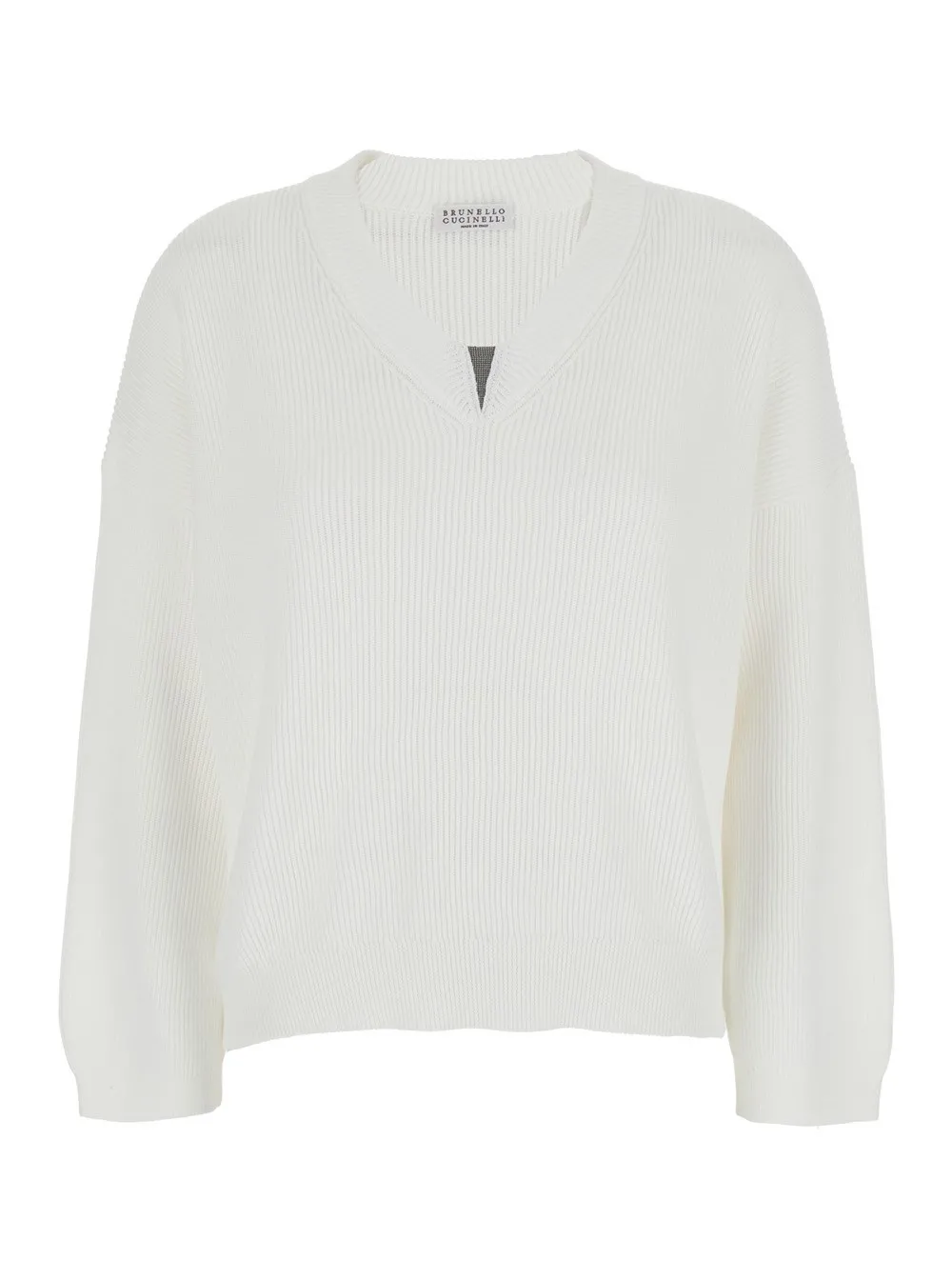 Weißer Pullover mit V-Ausschnitt und Monil-Detail am Hals aus Baumwolle Damen