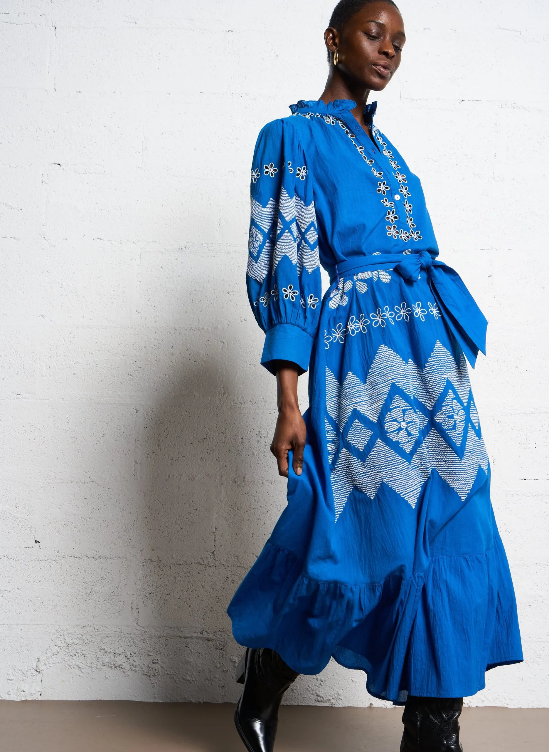 Langes Rundhals-Kleid aus Baumwolle Blau TOLEDE