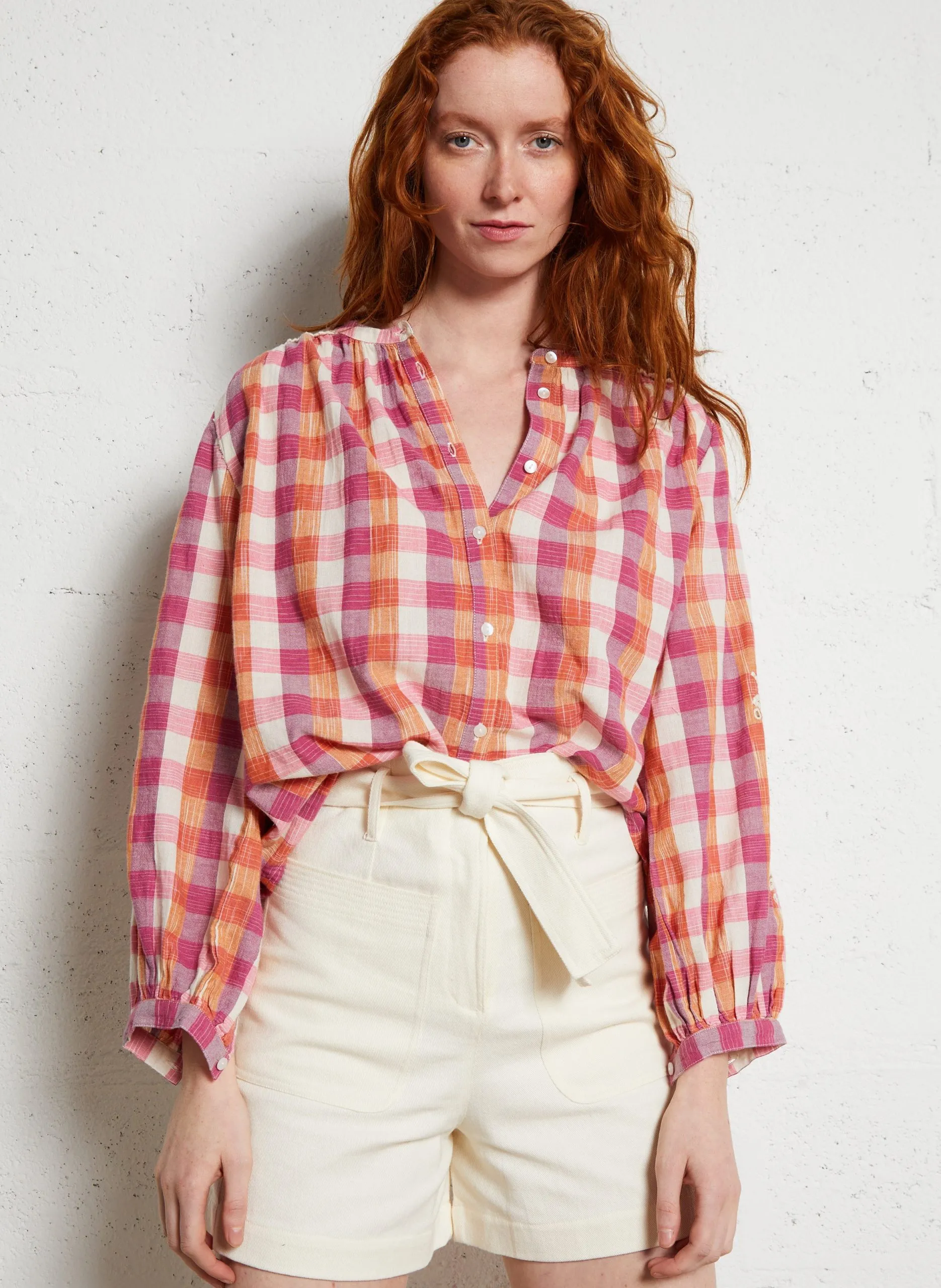 Weite Karo-Bluse aus Bio-Baumwolle Beige JEANNE