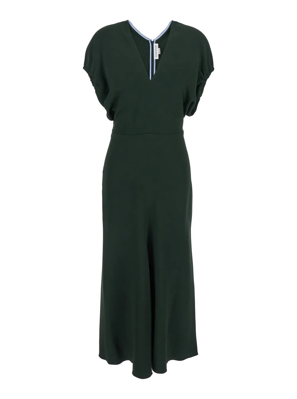 Grünes Midi-Kleid mit gerafften Ärmeln und V-Ausschnitt aus Viskose-Mischung Stretch Damen