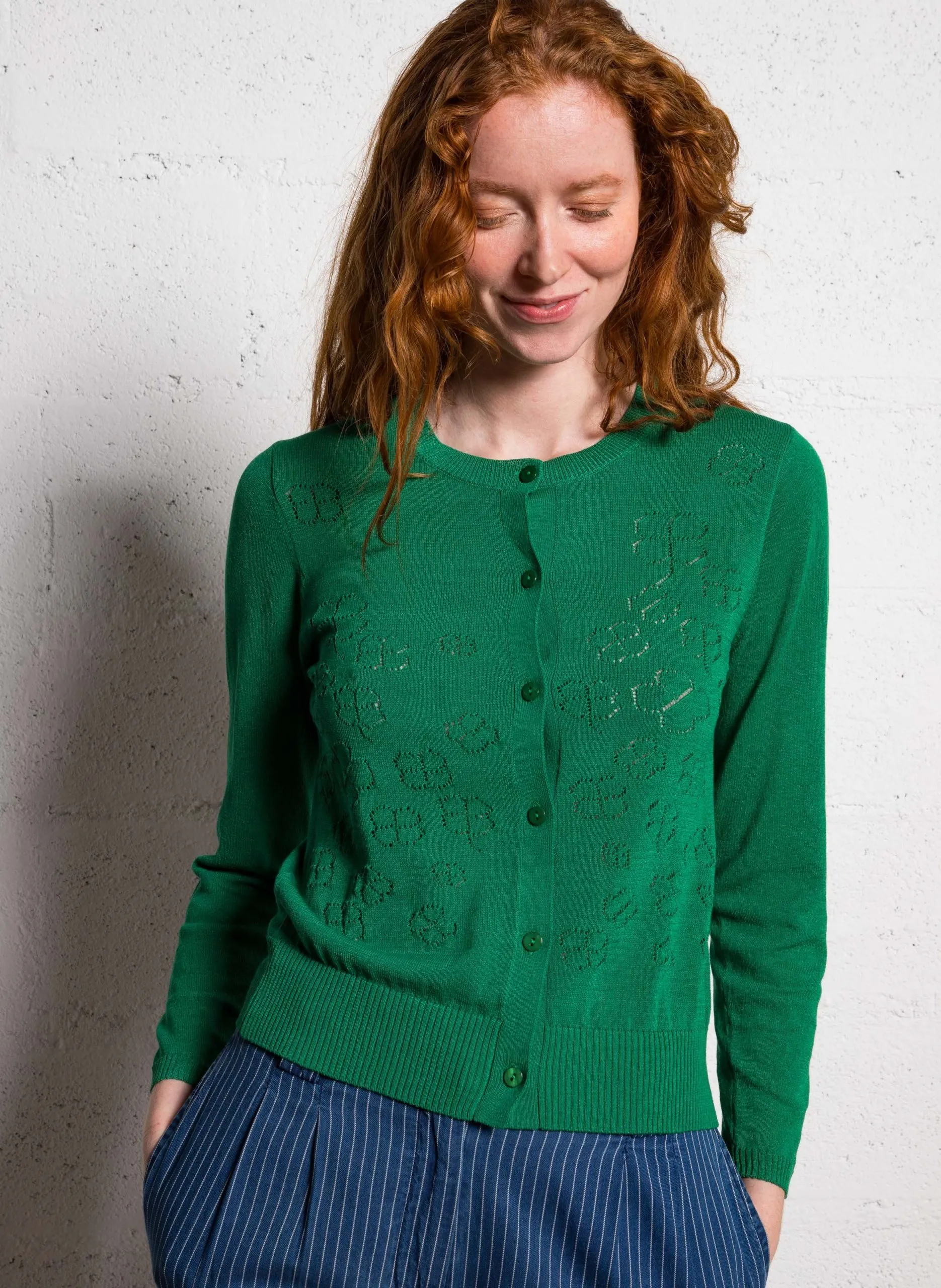 Baumwoll-Strickjacke mit Rundhalsausschnitt Grun