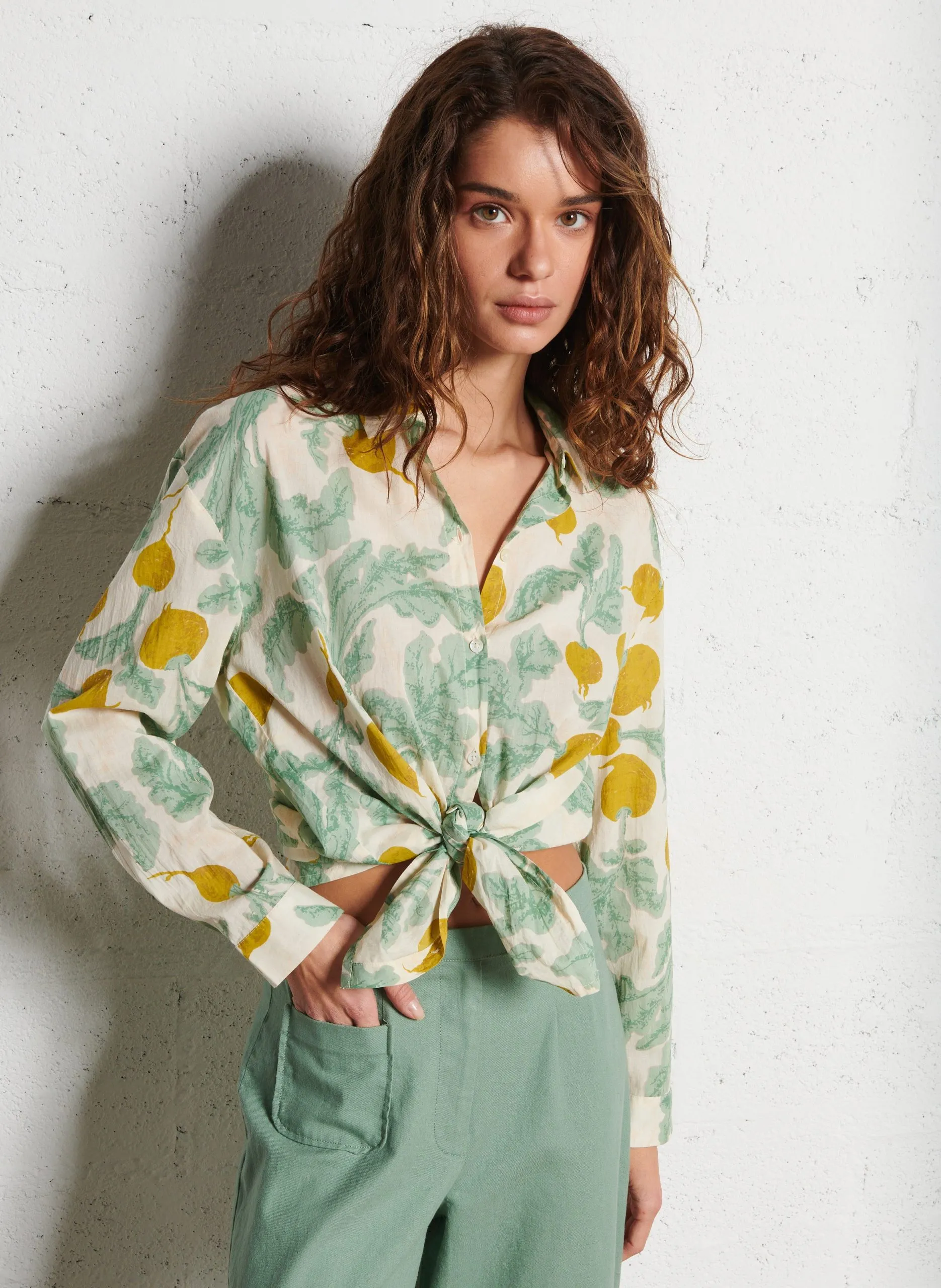 Baumwollbluse mit klassischem Kragen und Print Beige