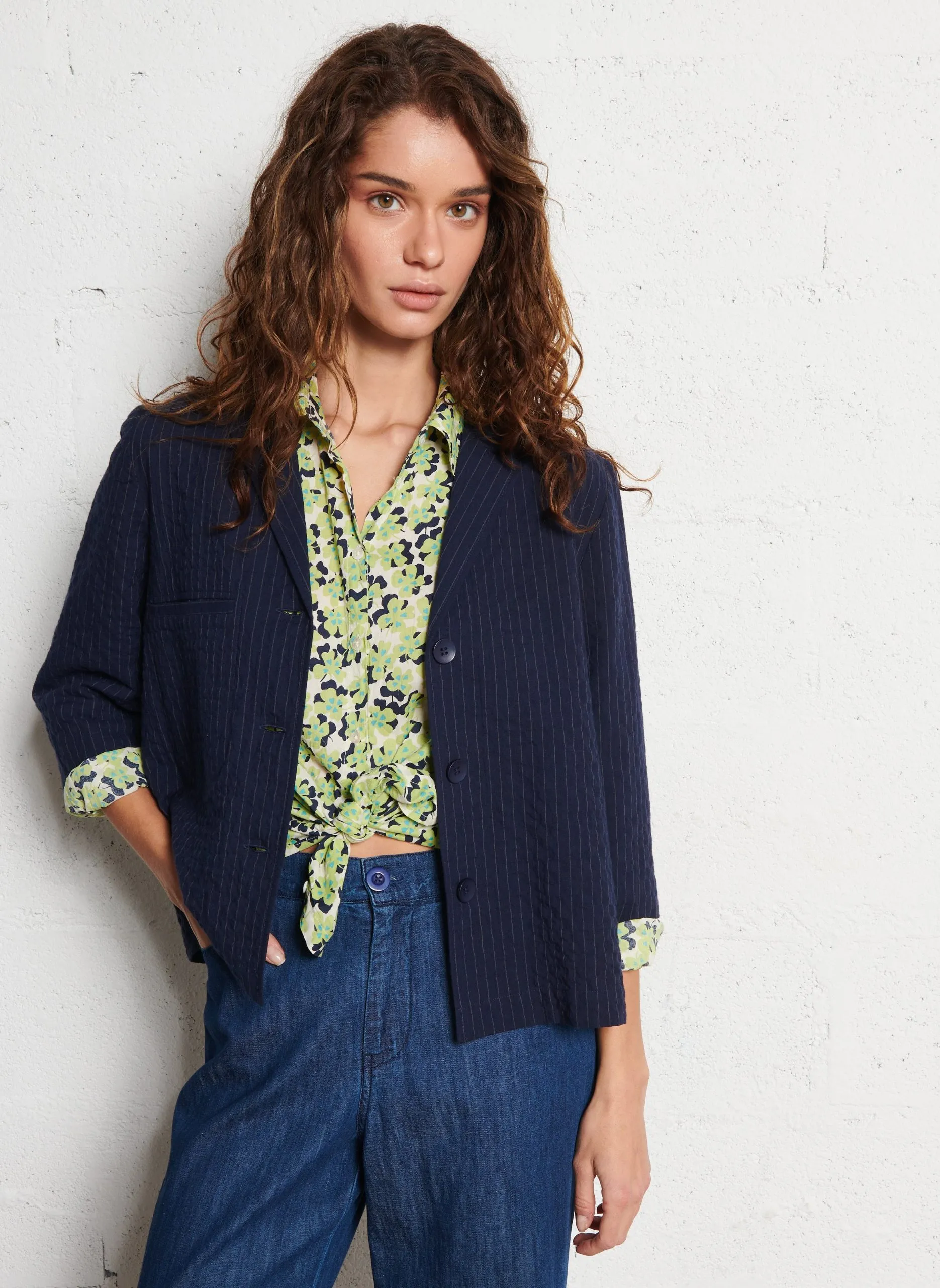 Gestreifte Baumwollbluse mit Reverskragen Blau