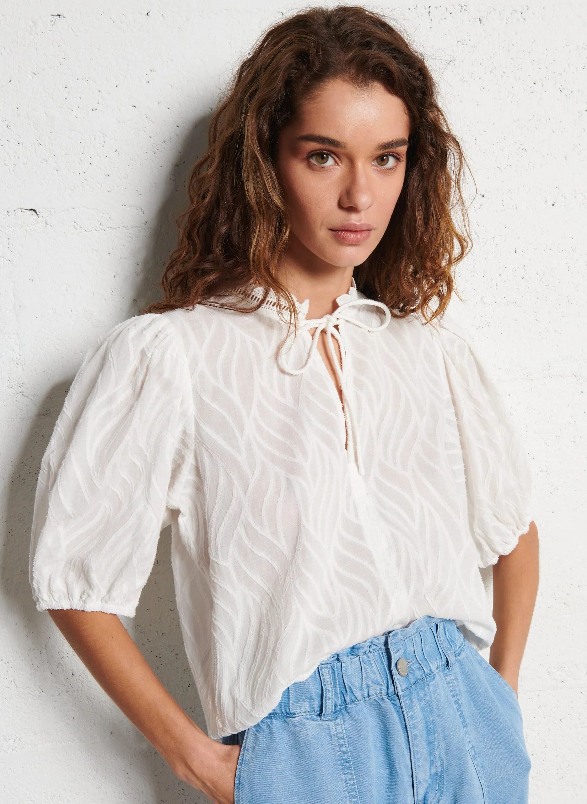 Bluse aus Bio-Baumwolle mit Rundhalskragen Beige LUXY