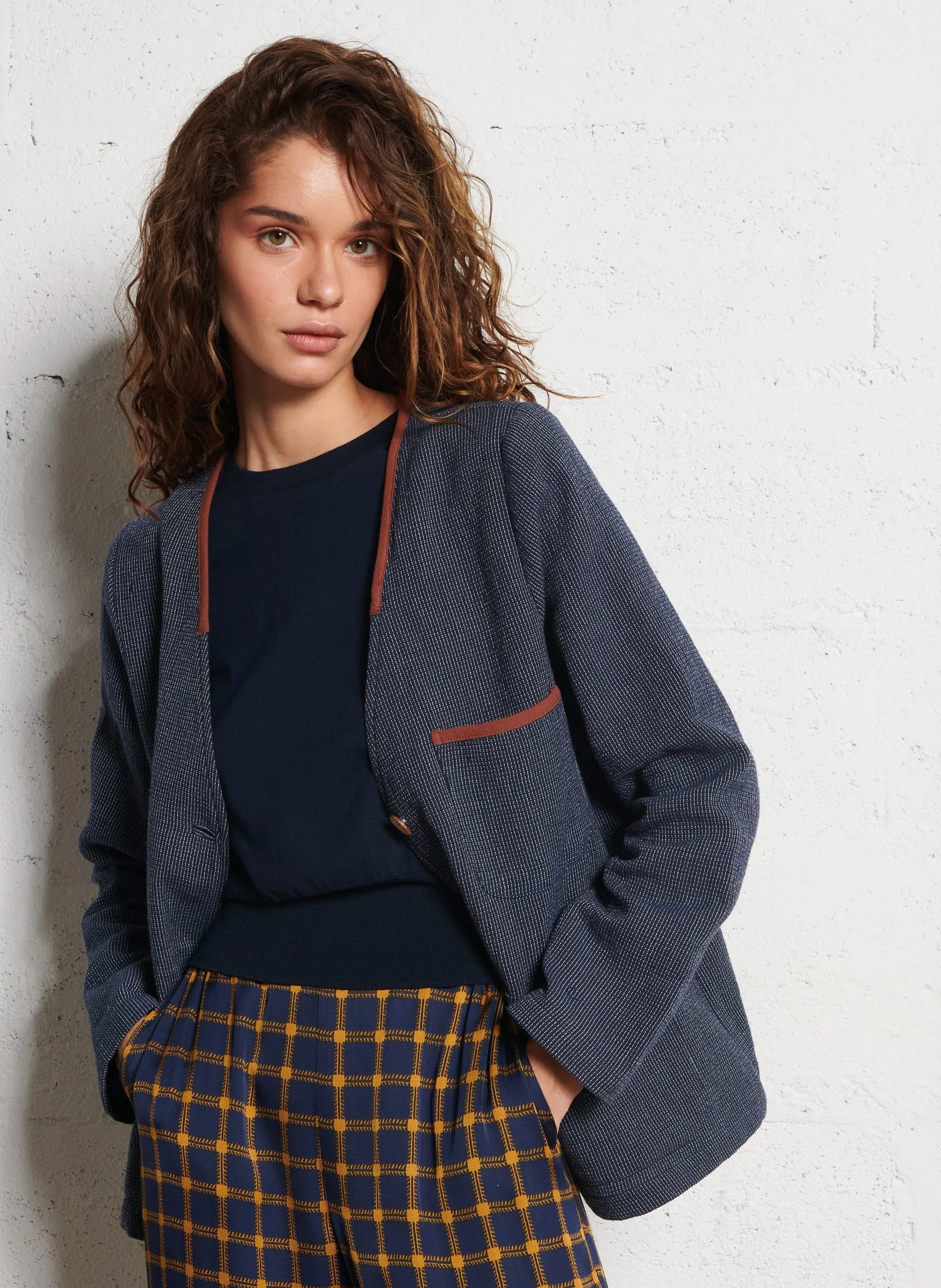 Jacke aus Baumwoll-Mix mit V-Ausschnitt Blau