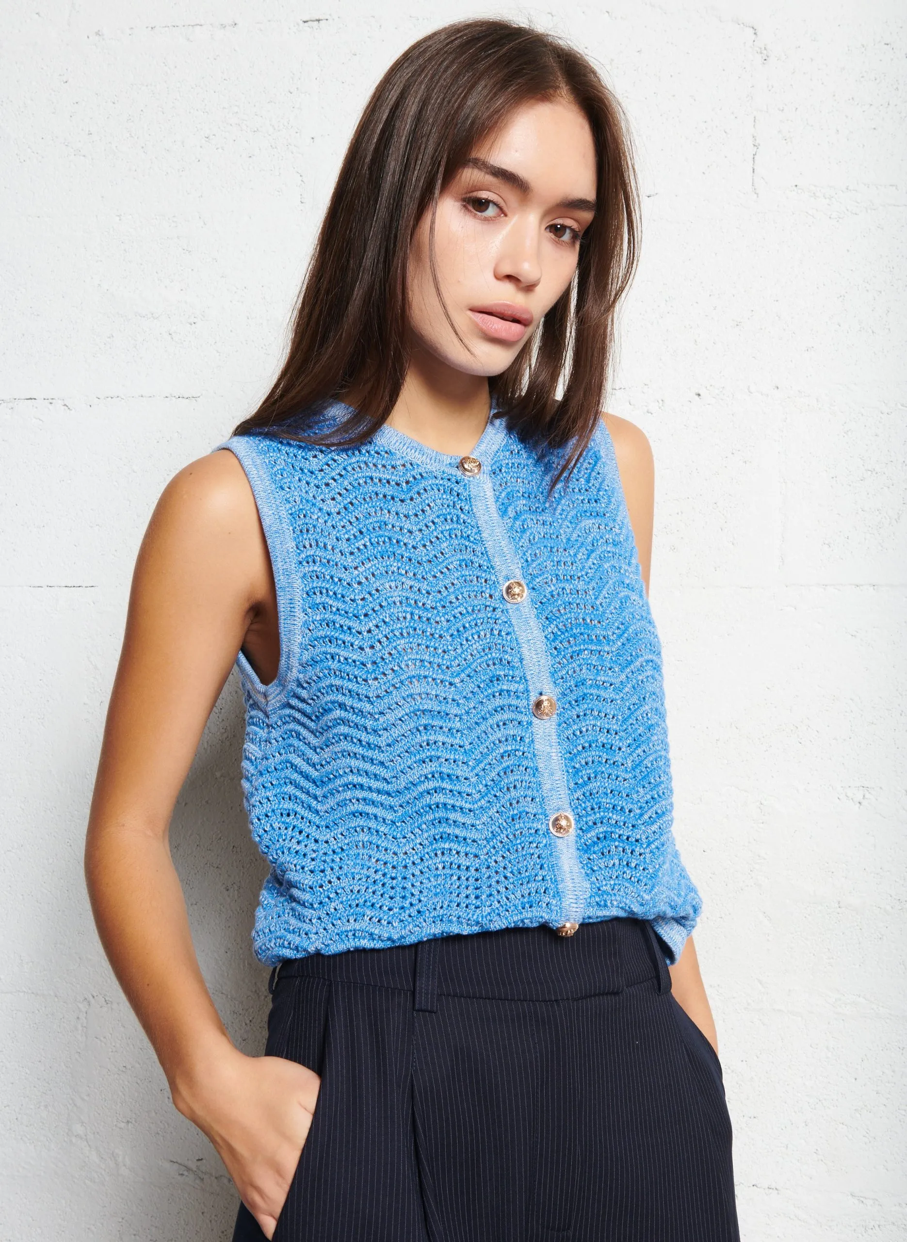 Baumwoll-Strickjacke mit Rundhalsausschnitt Blau GEMI