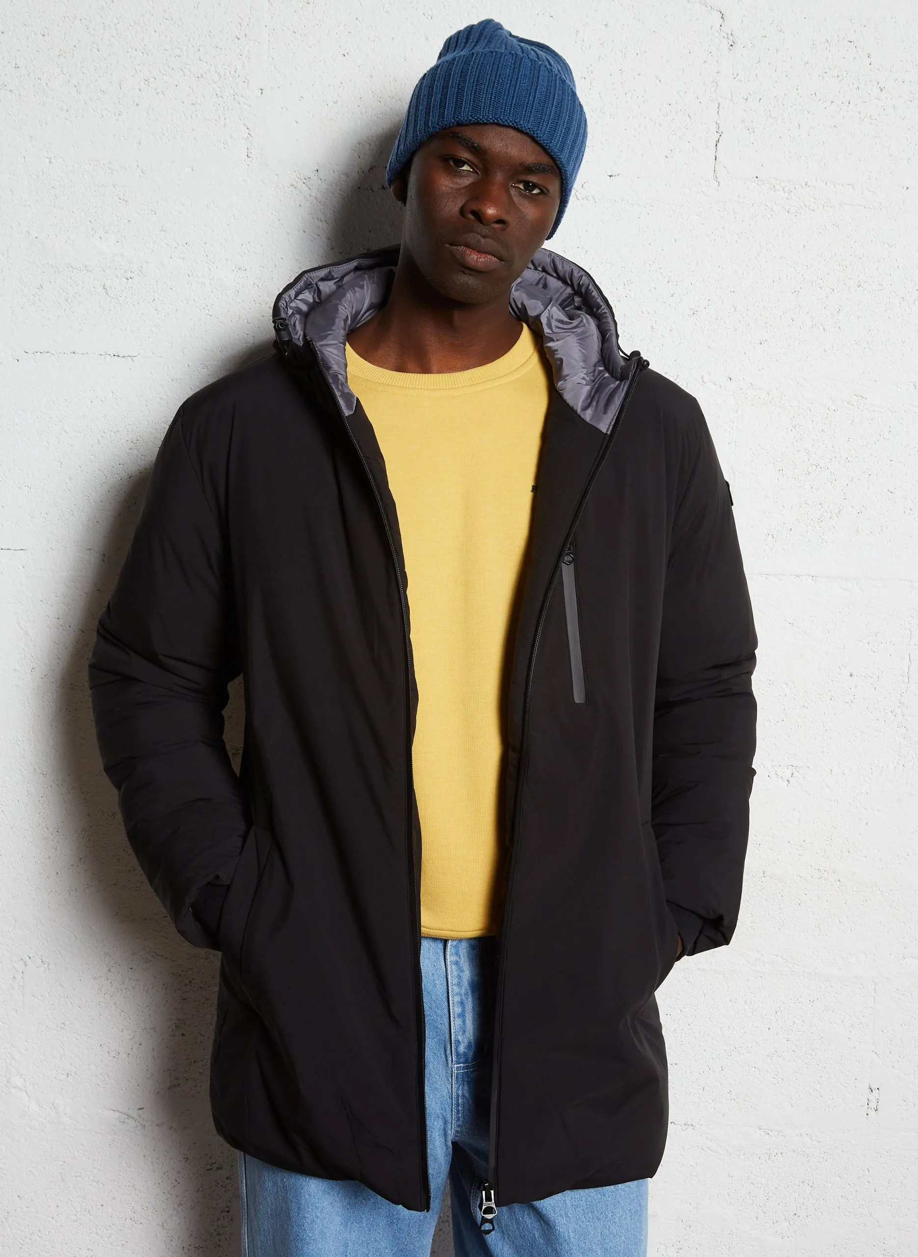 Langer gerader Parka mit Kapuze Schwarz