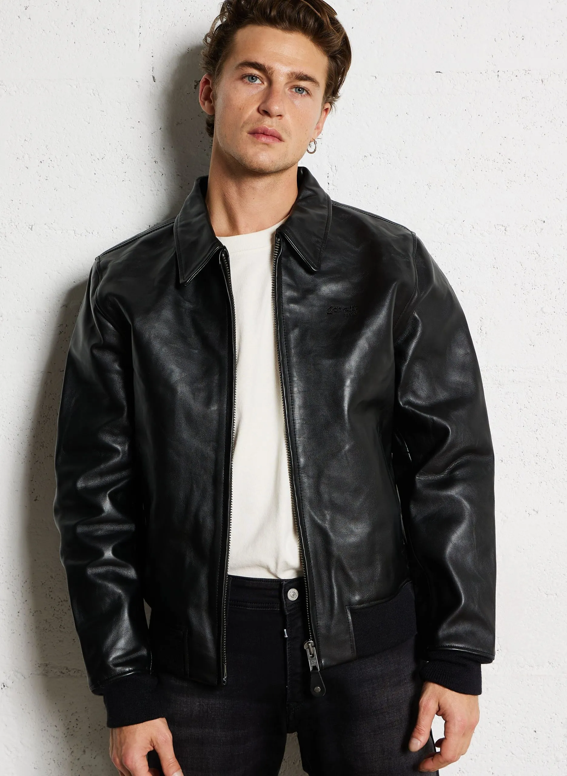 Lammlederblouson mit klassischem Kragen Schwarz