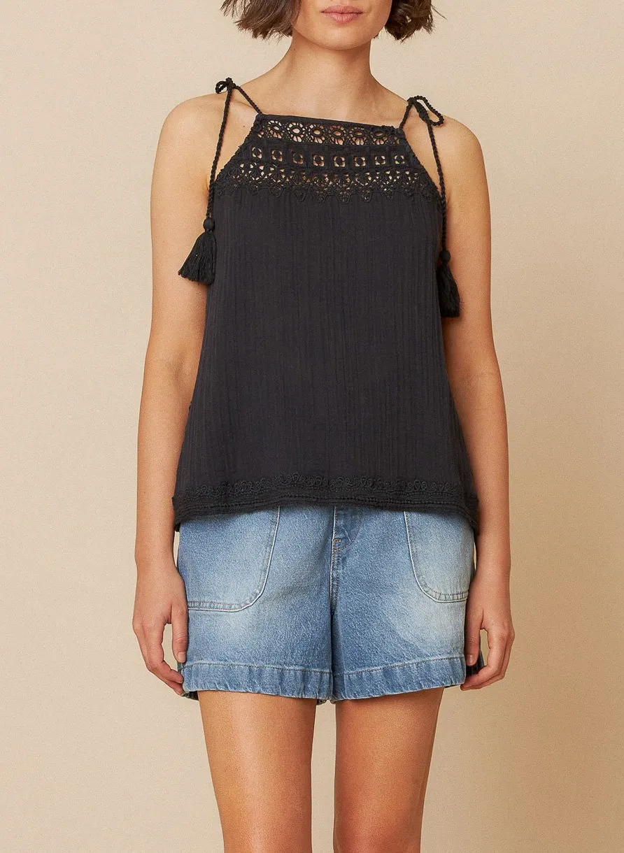 Baumwollbluse mit Rundhalsausschnitt Schwarz