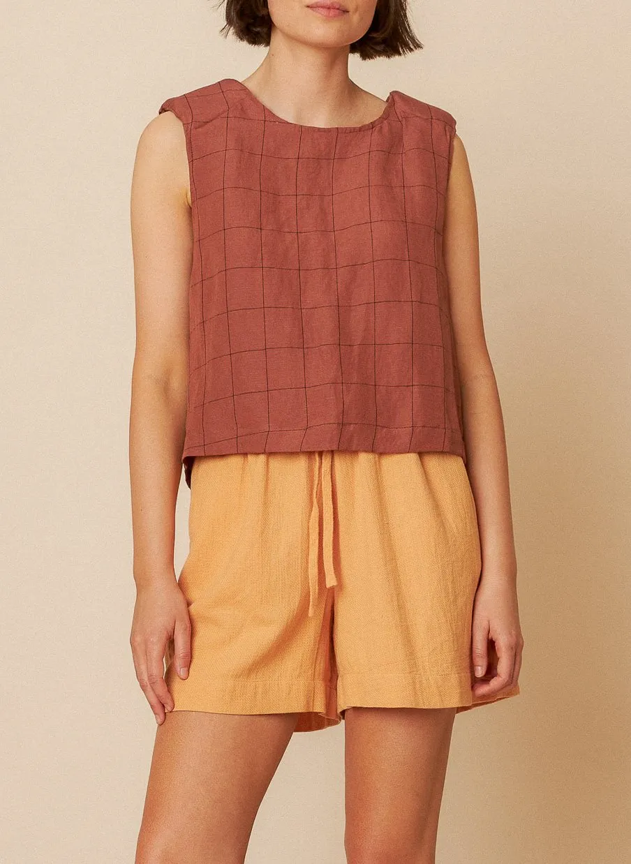 Bedrucktes Leinenmischungs-Oberteil Braun