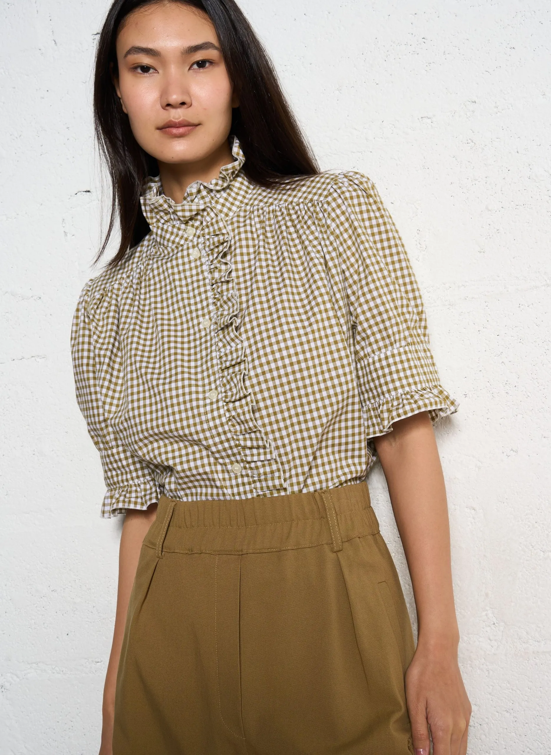 Kariertes Baumwoll-Popeline-Oberteil Khaki LEONA