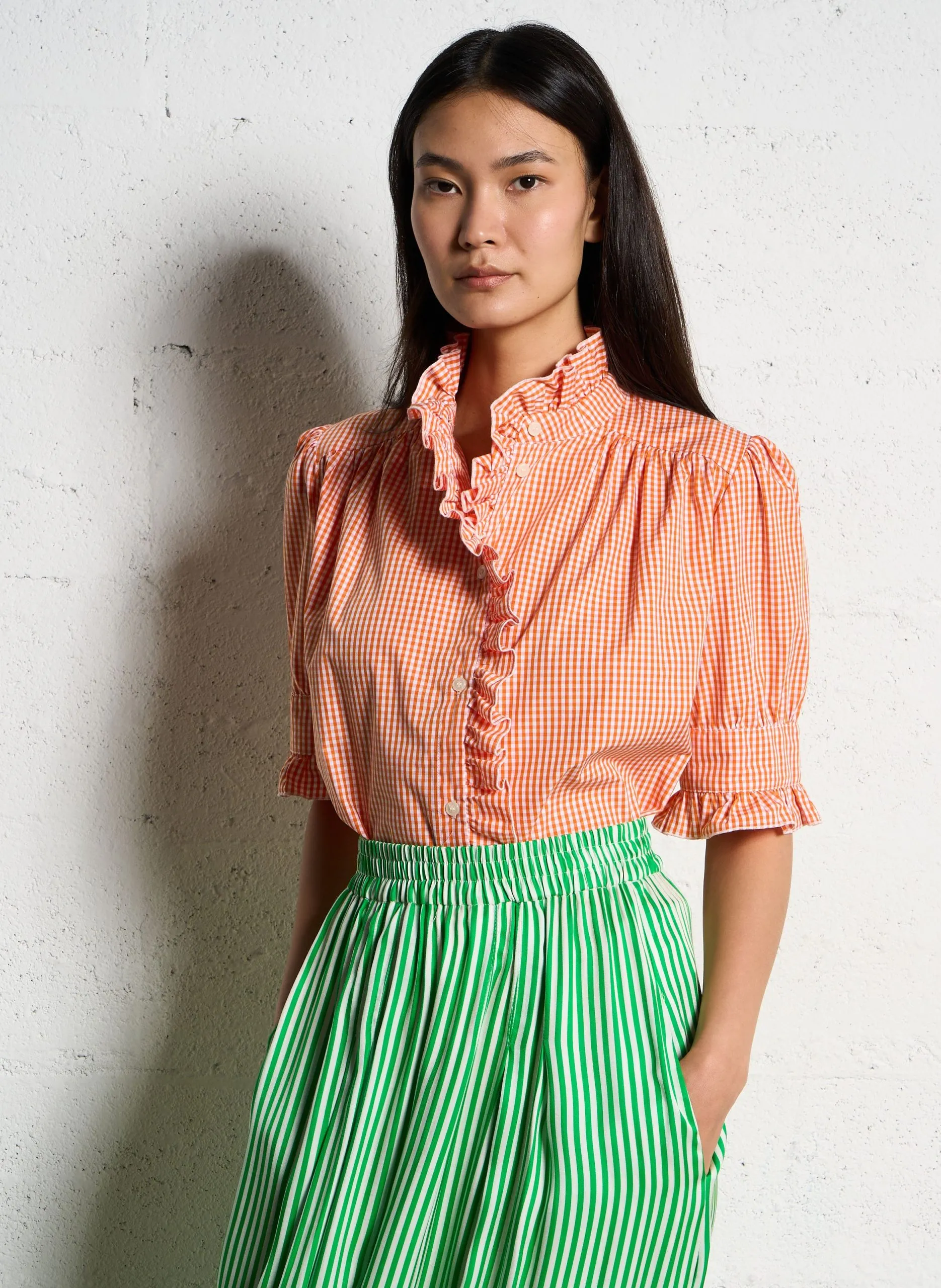 Kariertes Baumwoll-Popeline-Oberteil Orange LEONA