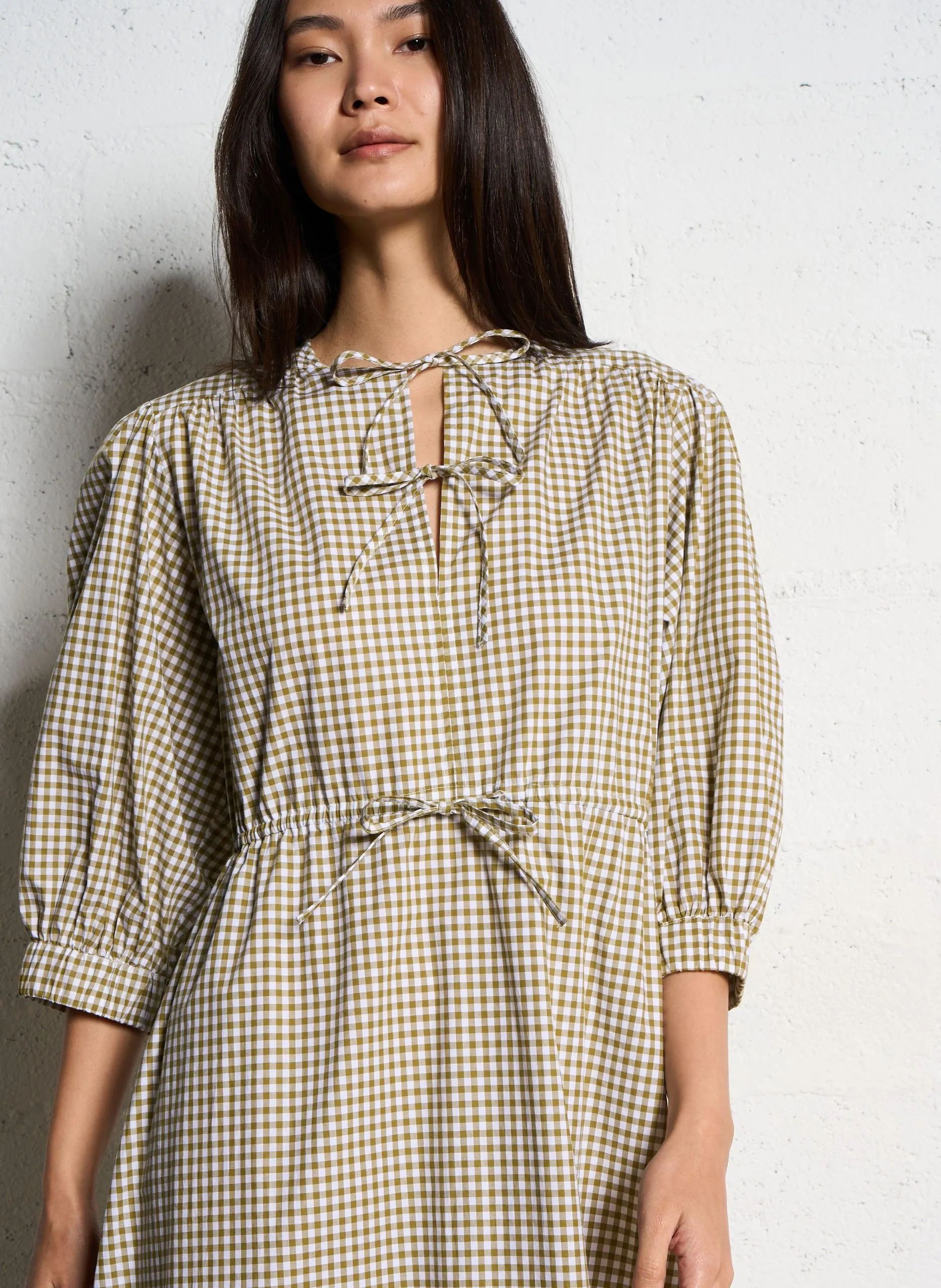 Langes Karo-Kleid aus Baumwollpopeline Khaki AMAYA