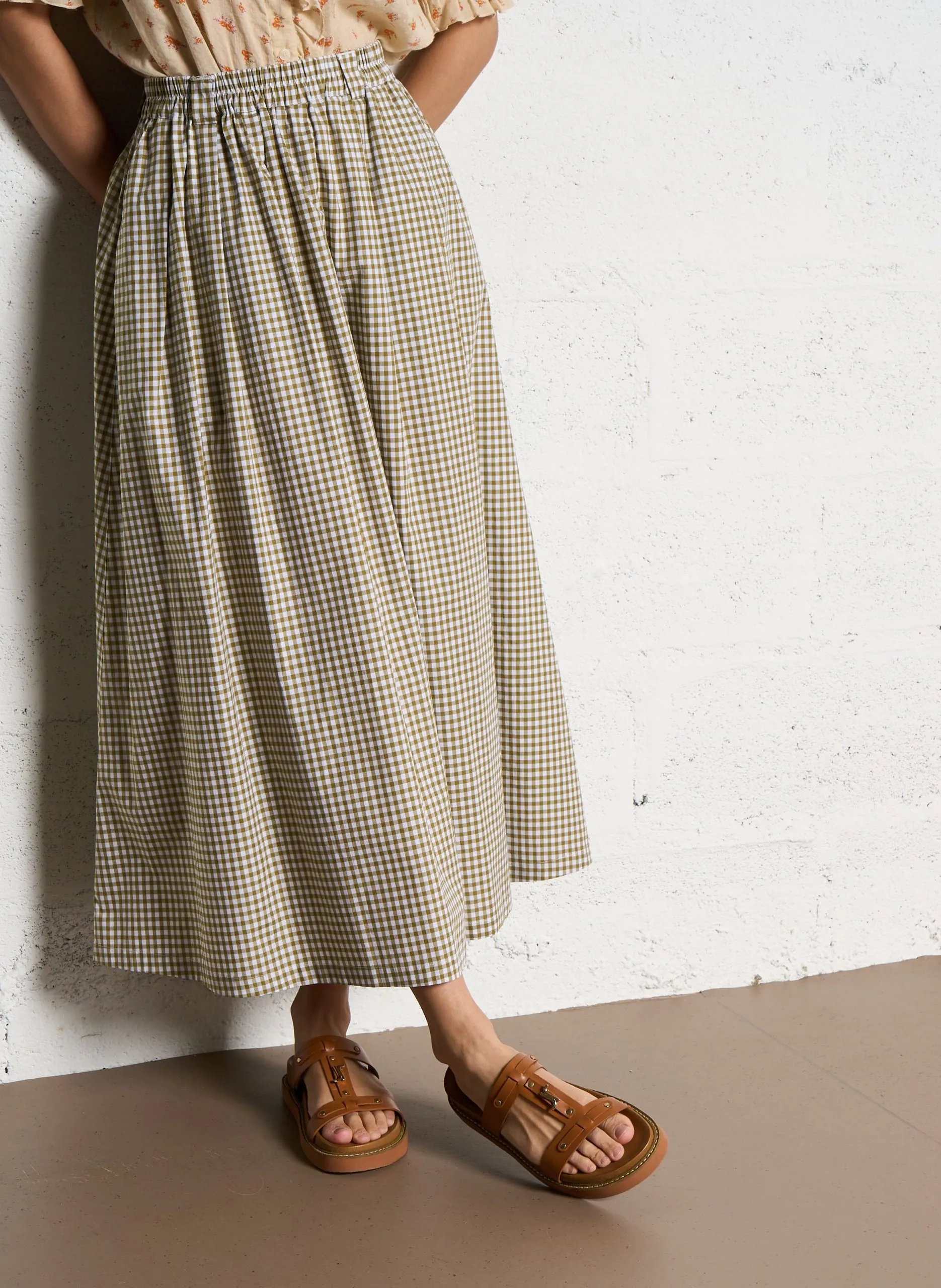 Midi-Rock mit Vichy-Muster aus Baumwolle Khaki OLYMPE