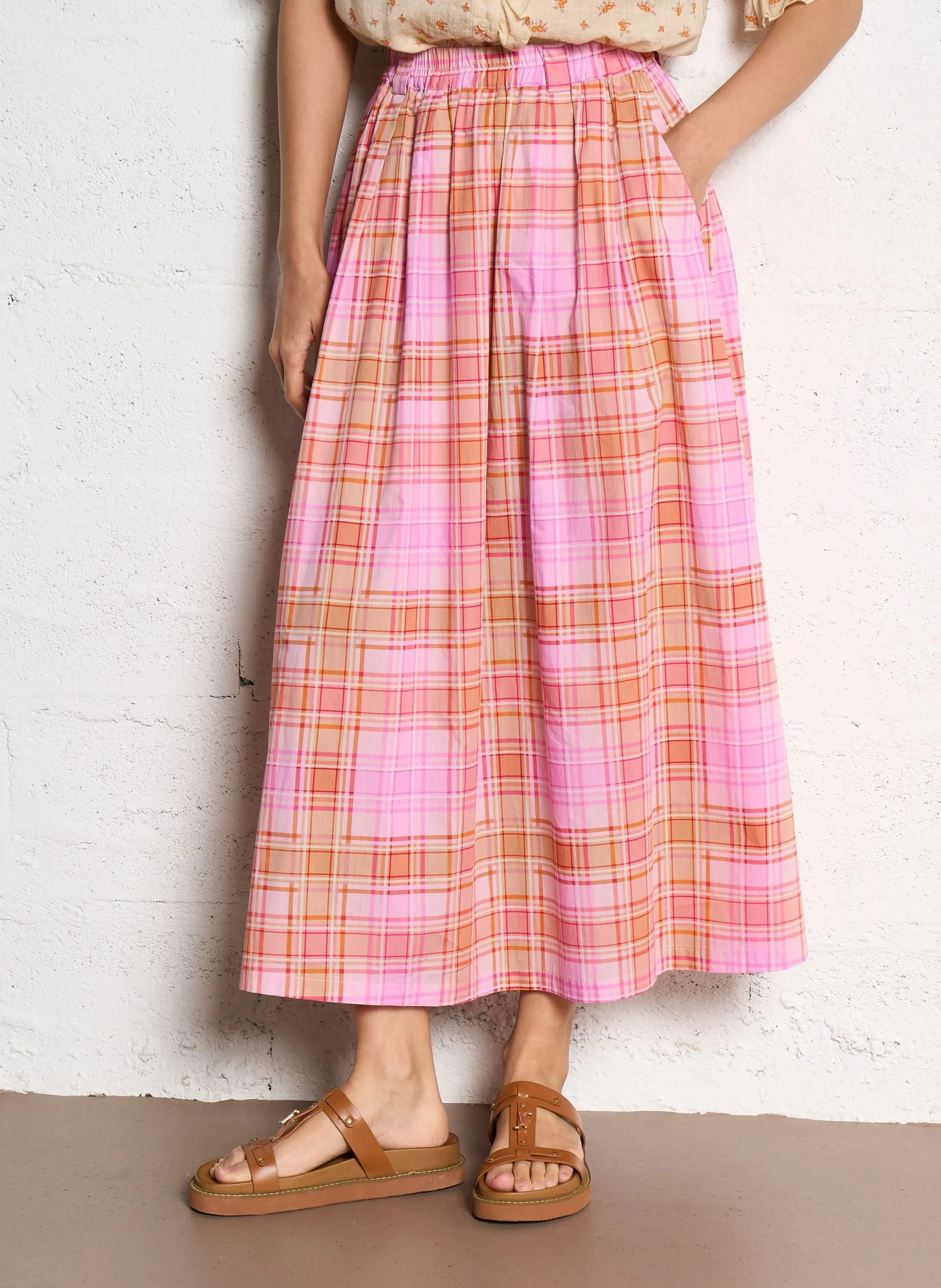 Ausgestellter Midi-Rock mit Karomuster aus Baumwolle Rosa OLYMPE