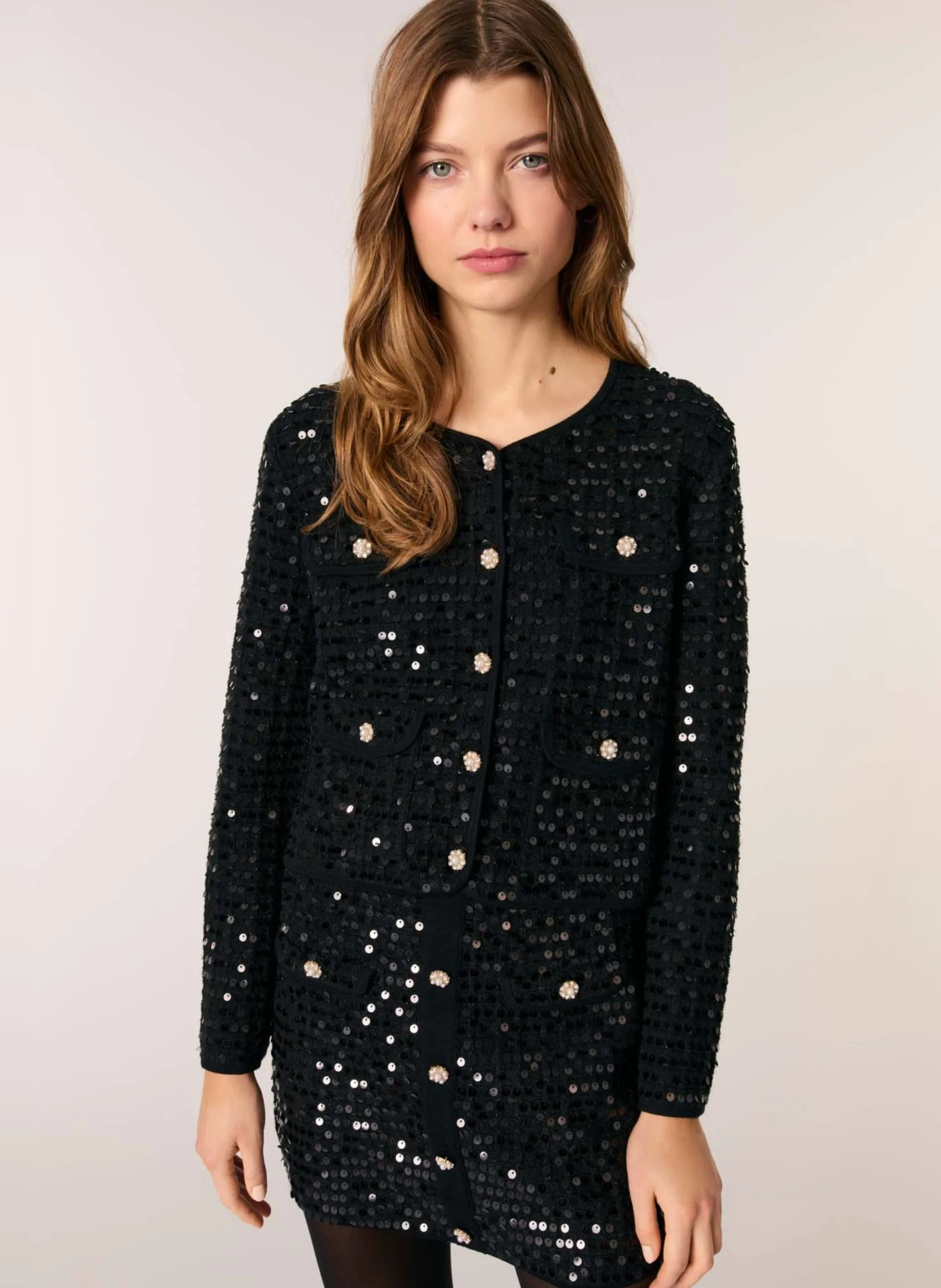 Cardigan mit Rundhalskragen und Pailletten Schwarz