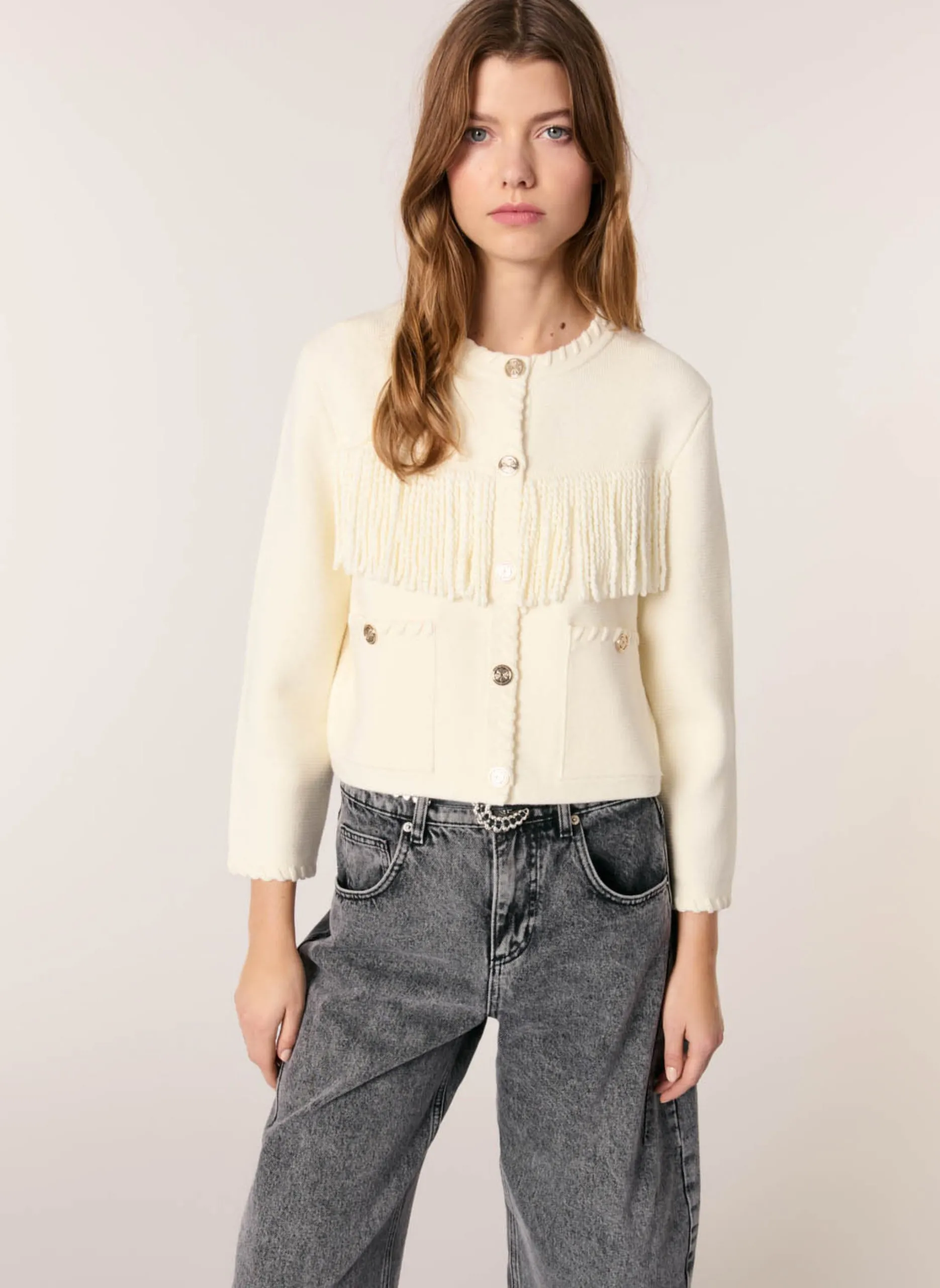 Baumwoll-Cardigan mit Rundhalsausschnitt Beige