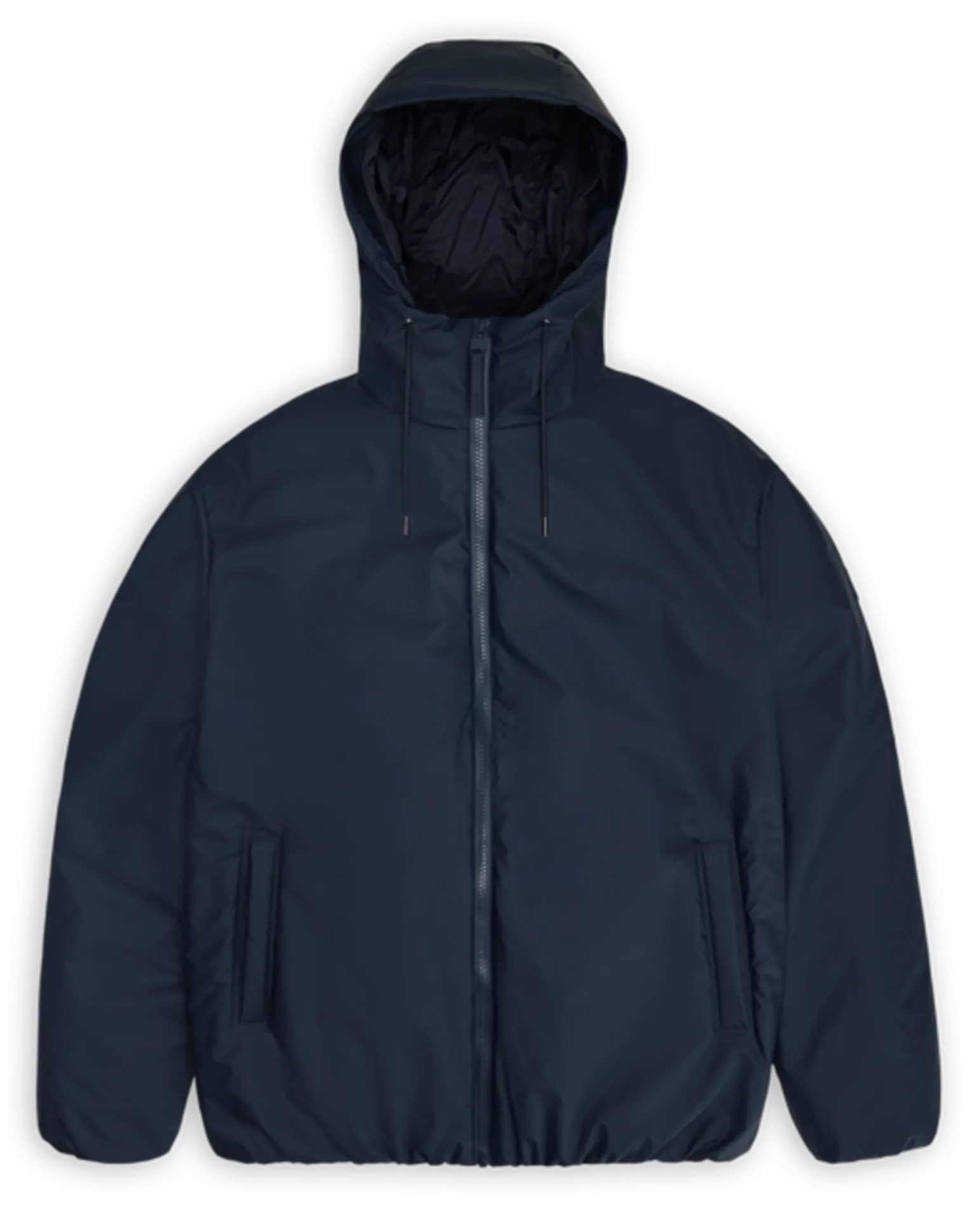 Gerade geschnittener Regenmantel mit Stehkragen und Kapuze Blau