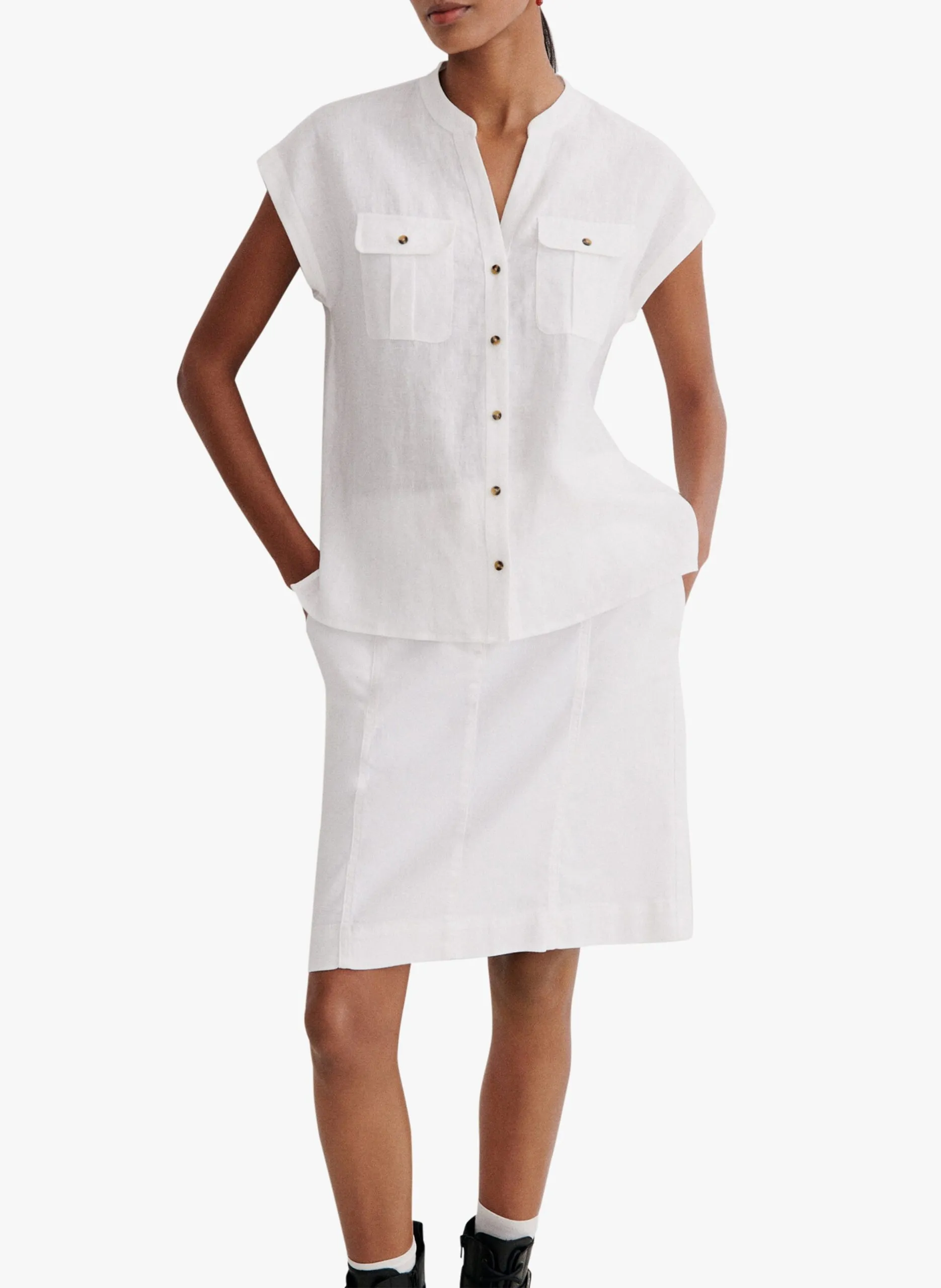 Weite Leinen-Bluse mit Henley-Ausschnitt Weiss SK062-GINA