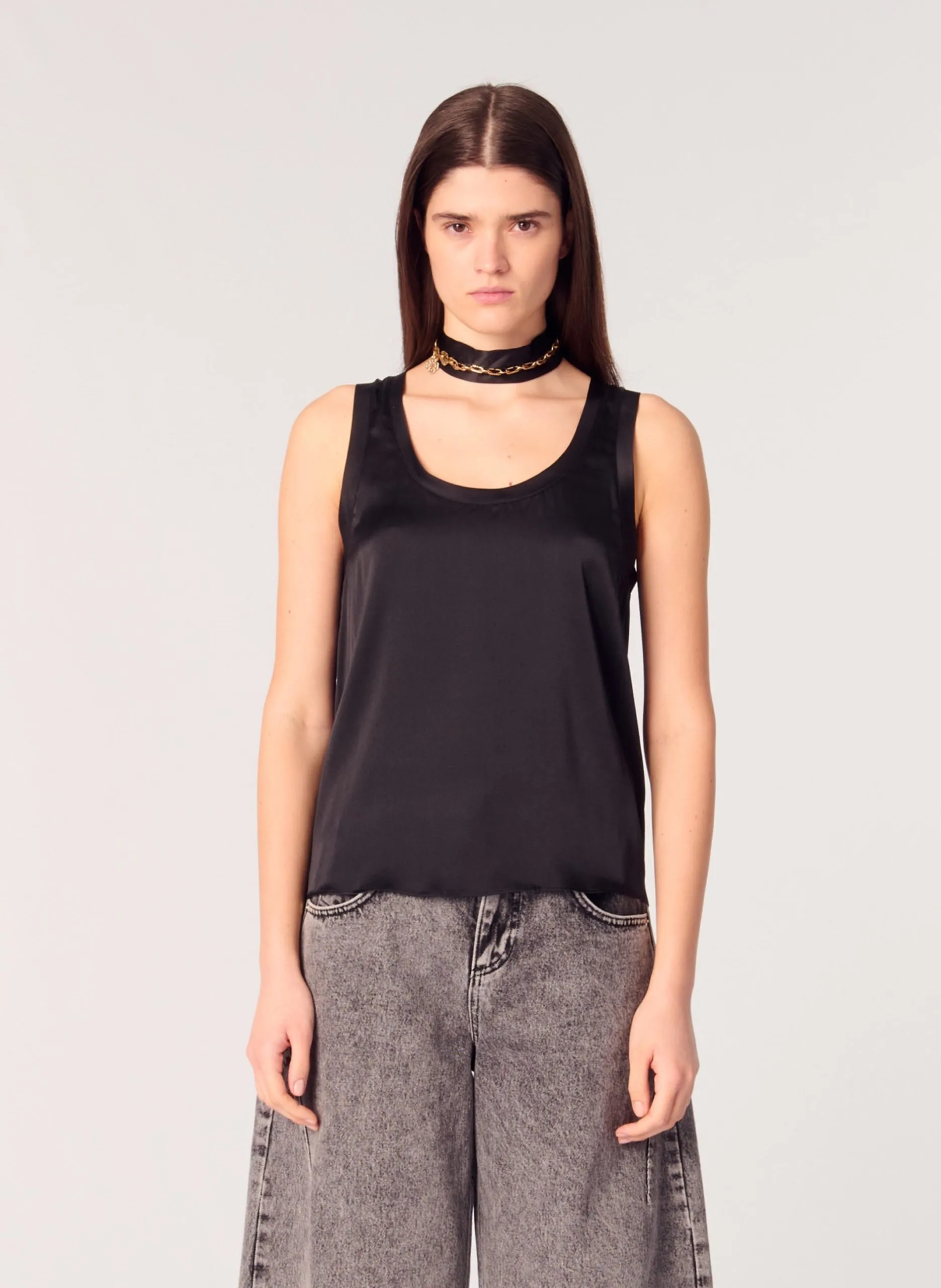 Rundhalsausschnitt Seidenmischung Tanktop Schwarz