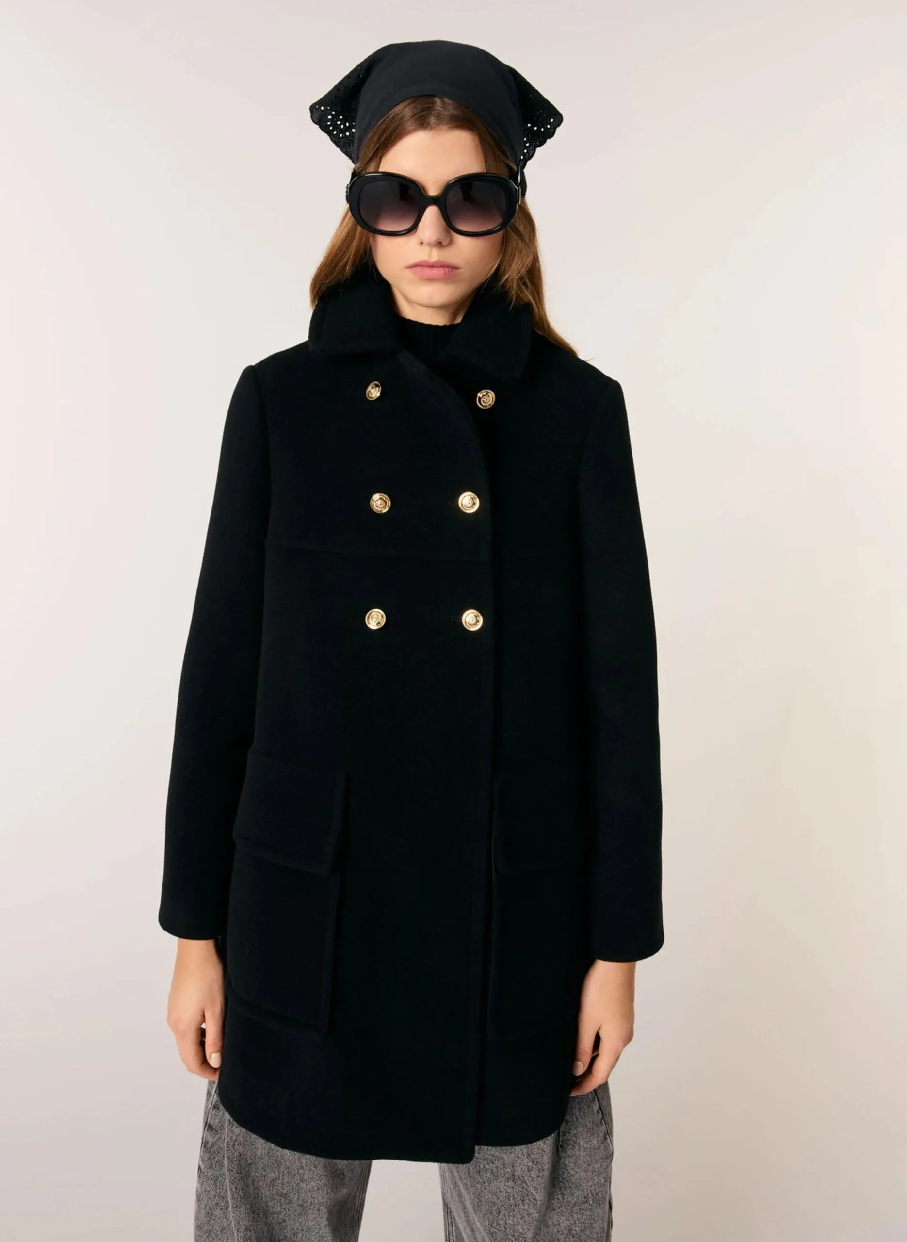 Gerader Mantel mit klassischem Kragen aus Wollmischung Schwarz