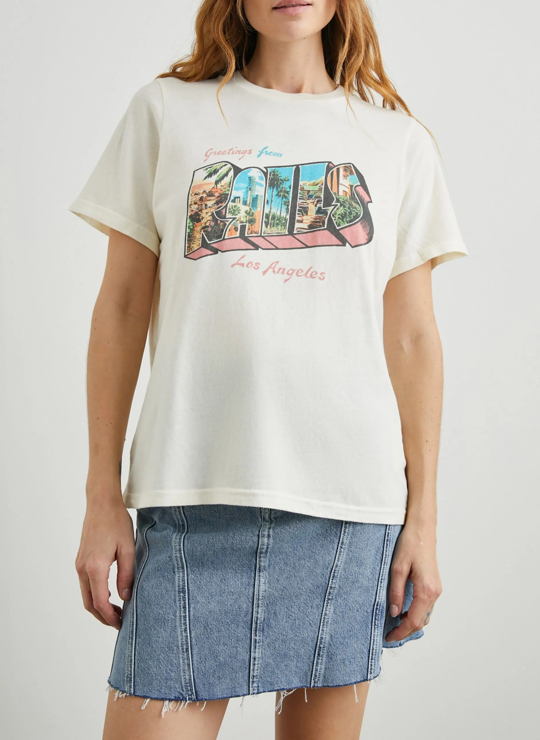 Gerade geschnittenes Rundhals-T-Shirt aus Baumwolle mit Siebdruck Beige BOYFRIEND