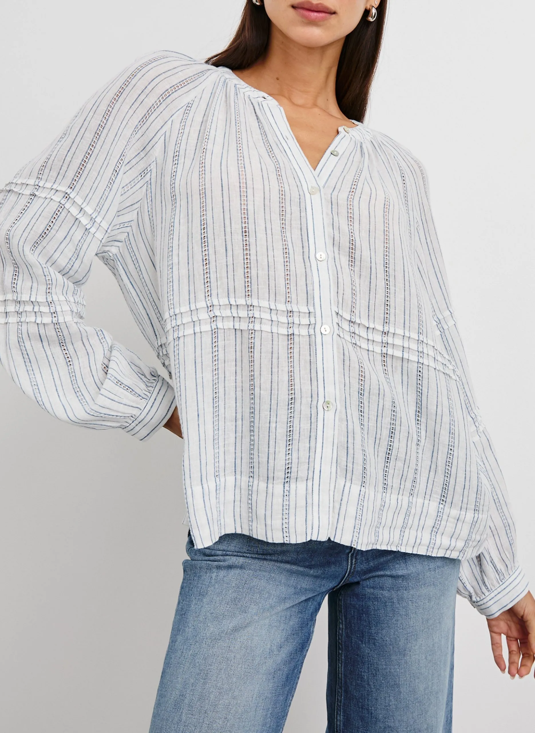 Rundhals-Bluse aus Leinen-Mix Blau FRANCES