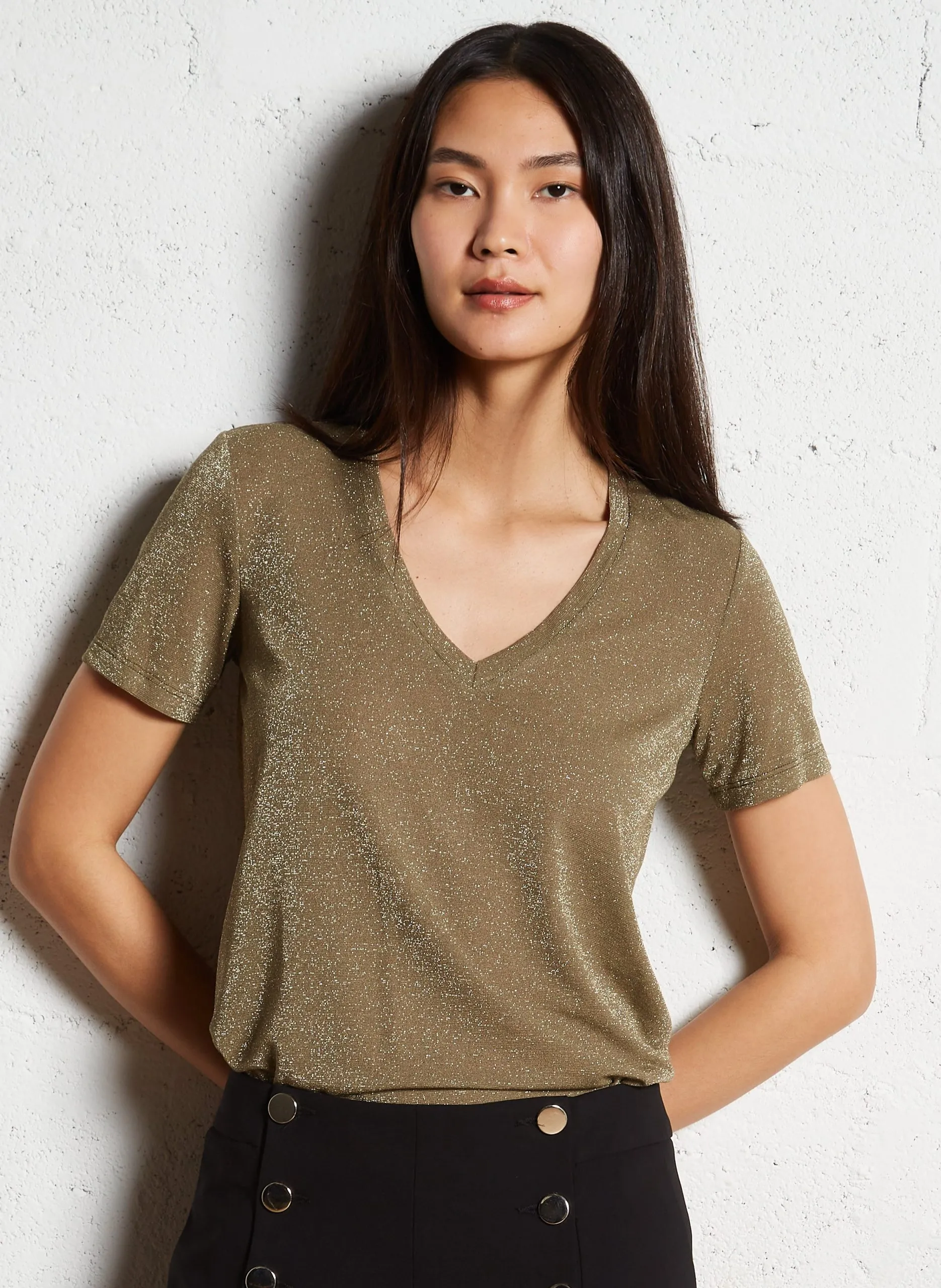 T-Shirt aus Metallic-Fasern mit V-Ausschnitt Khaki