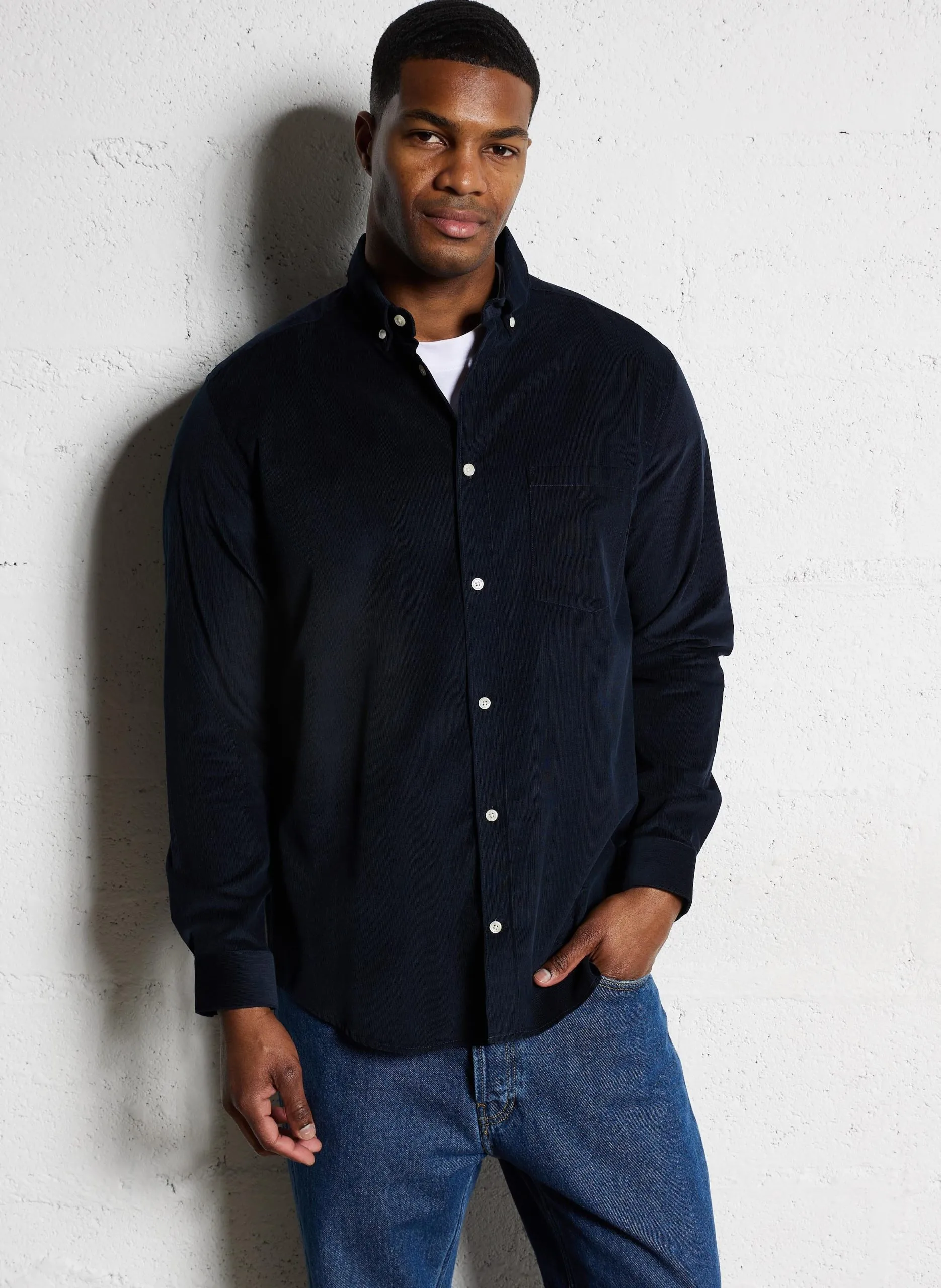 Gerade geschnittenes, geripptes Baumwollhemd Blau CELOUR-D