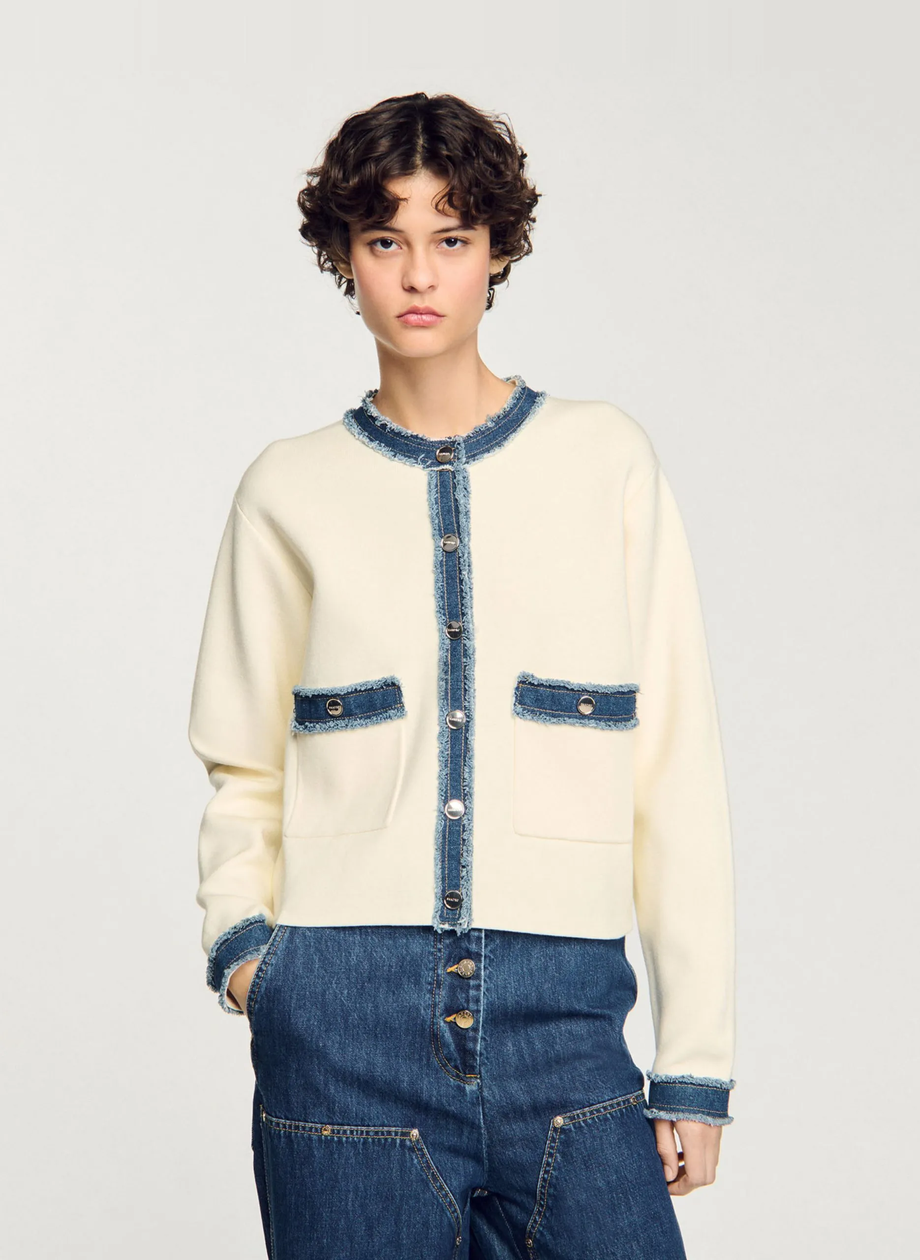 Strickjacke mit Denim-Details aus Baumwolle Weiss