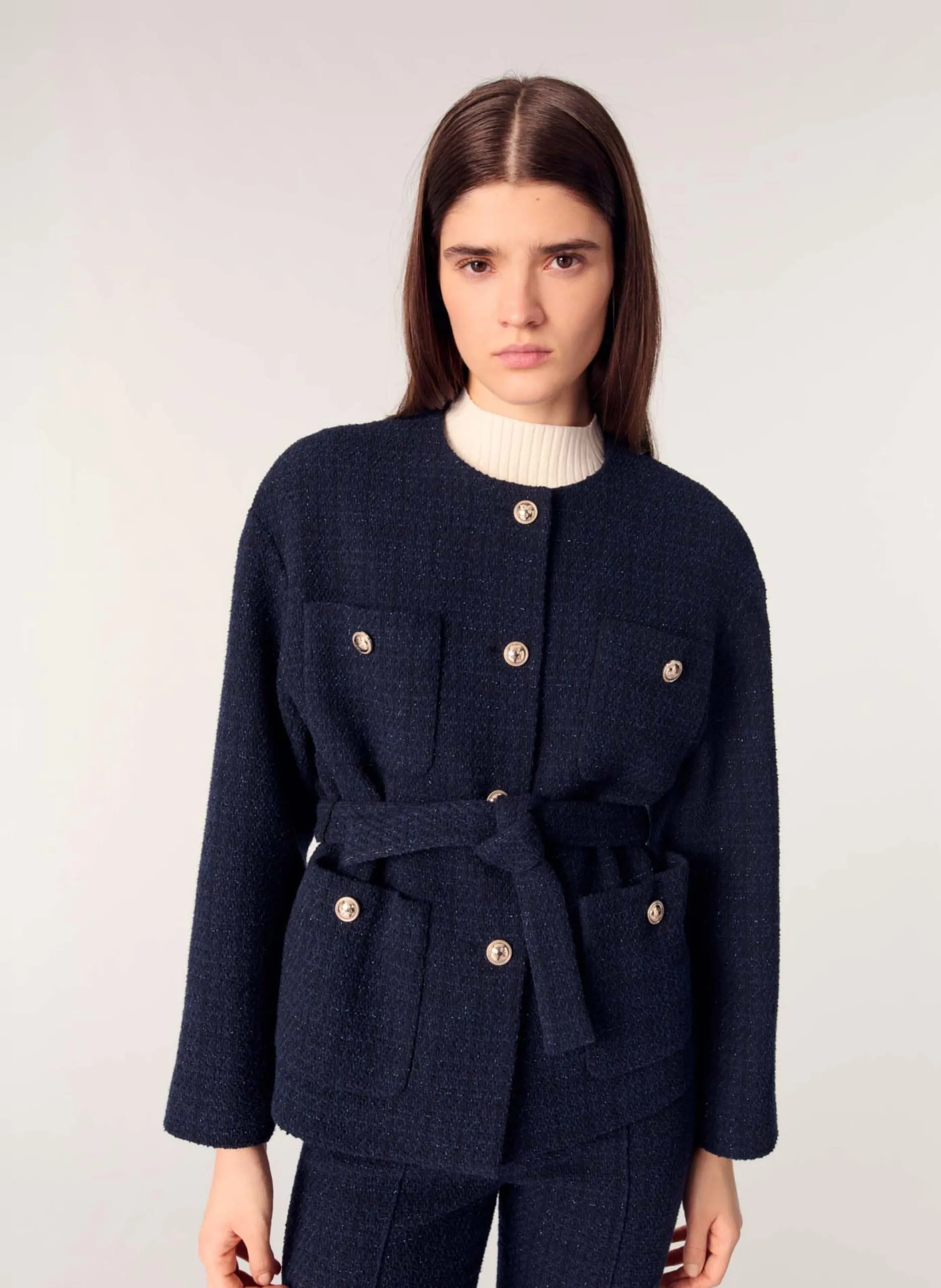 Gürtel Tweed Jacke Blau