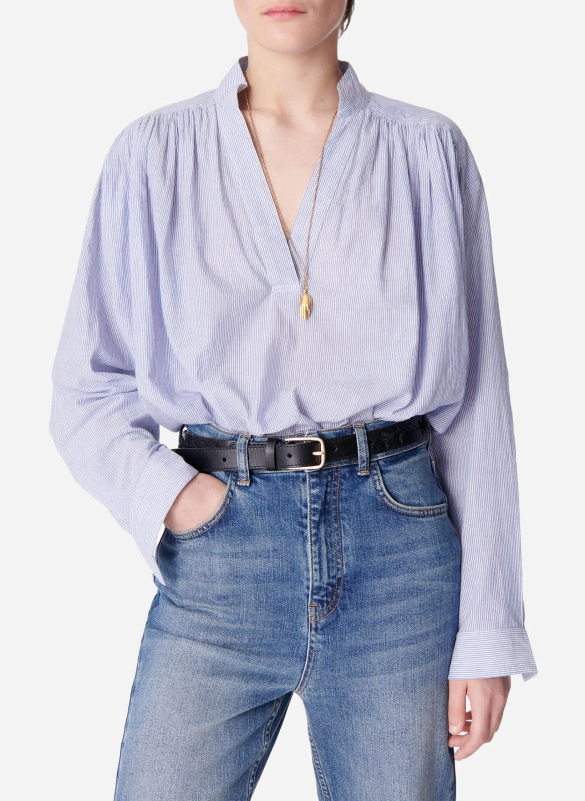 Weite Bluse mit V-Ausschnitt aus Baumwolle Blau CALVIN