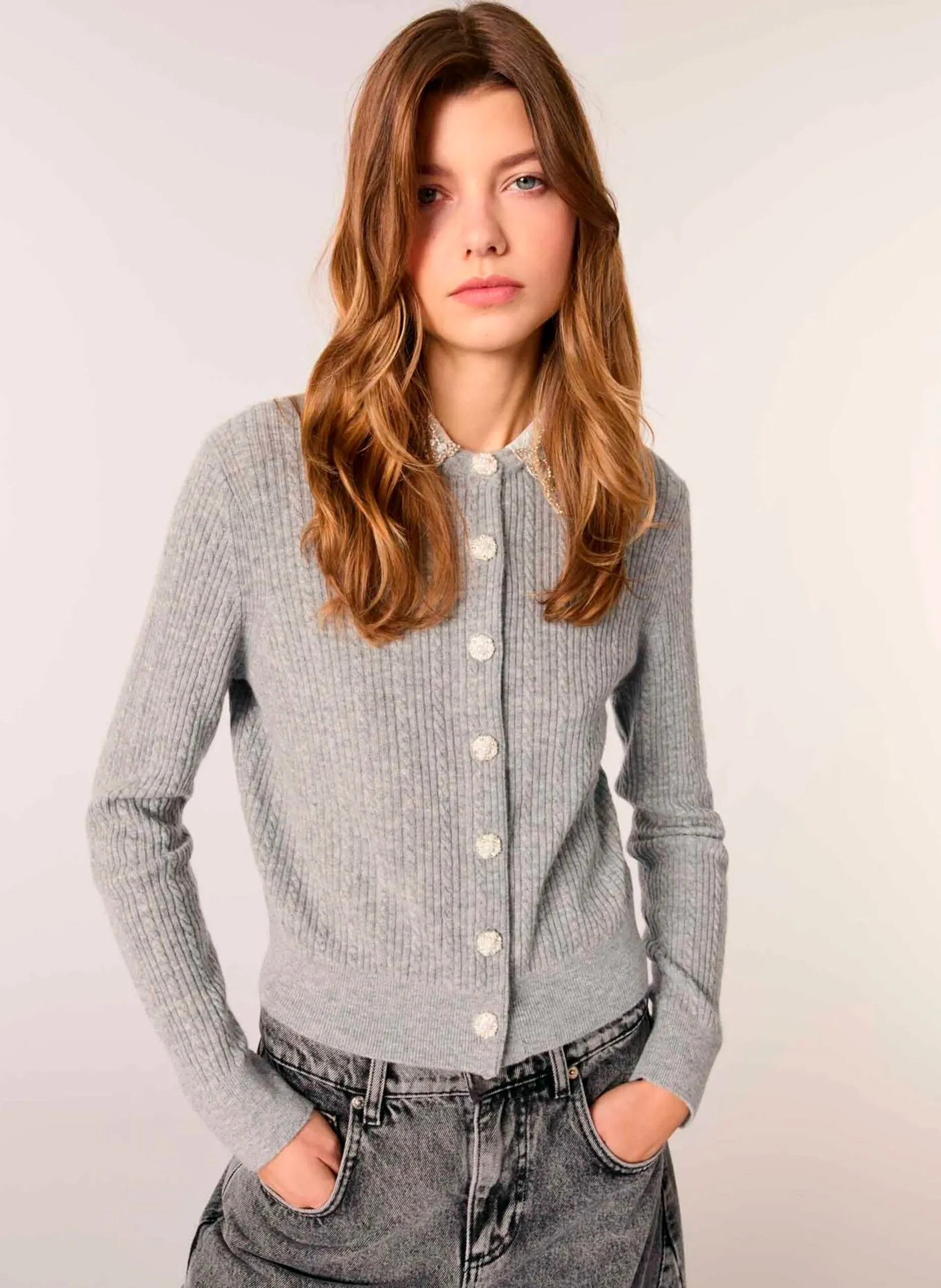 Gerade geschnittene Weste mit klassischem Kragen aus Wollmischung Grau