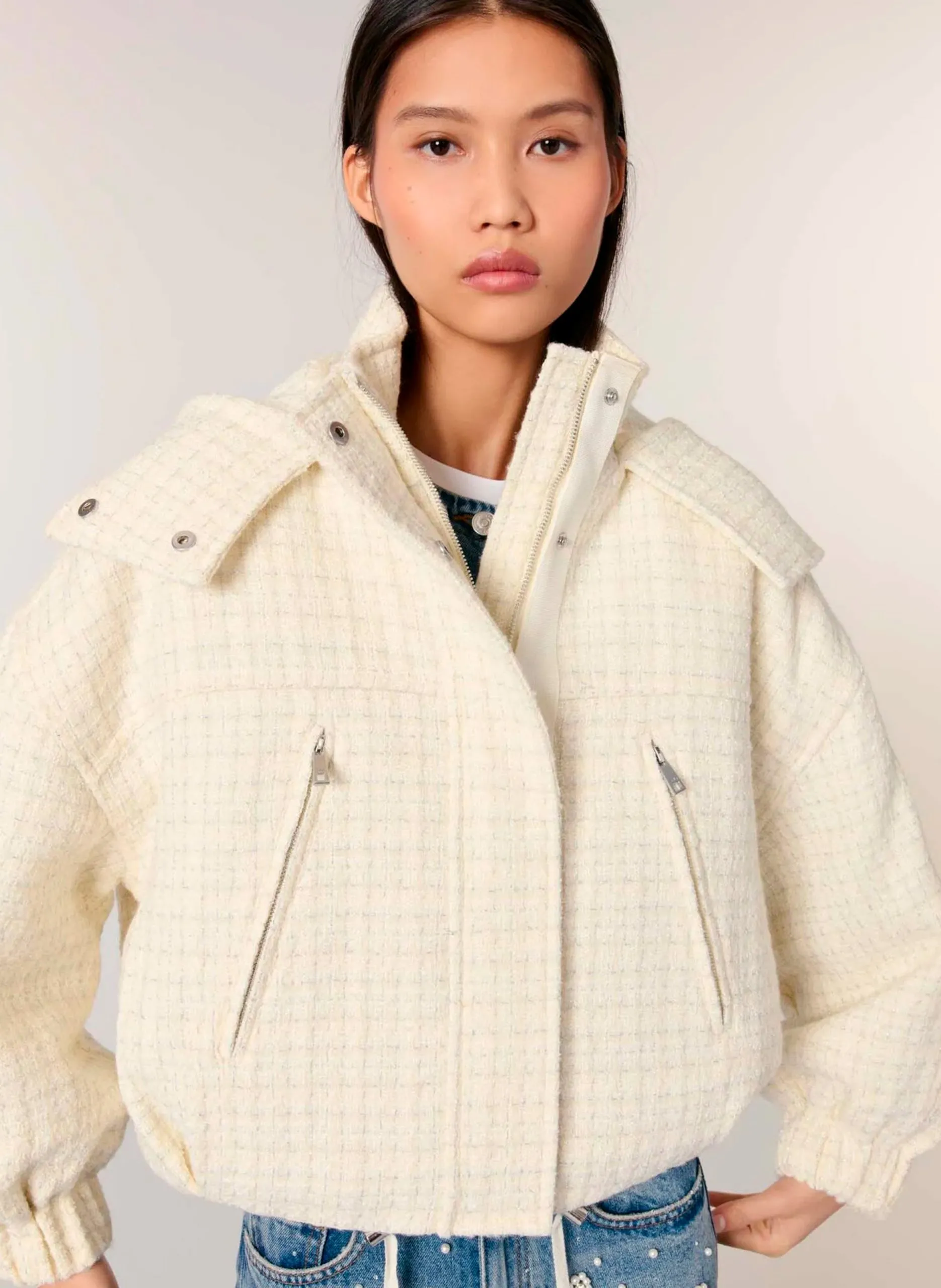 Daunenjacke aus Tweed mit Kapuze Beige