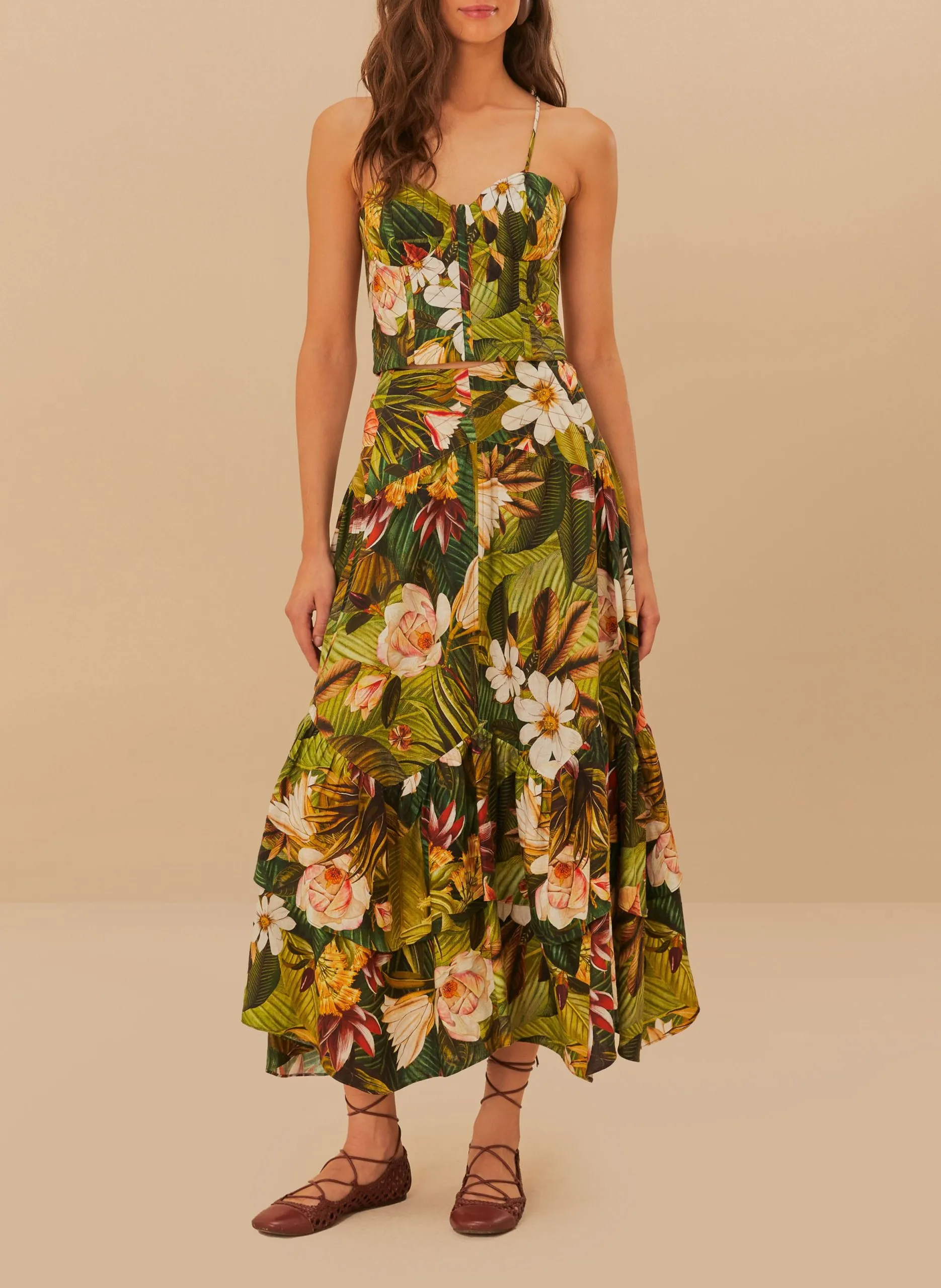 Midi-Rock mit Pflanzenmuster aus Leinenmischung Mehrfarbig