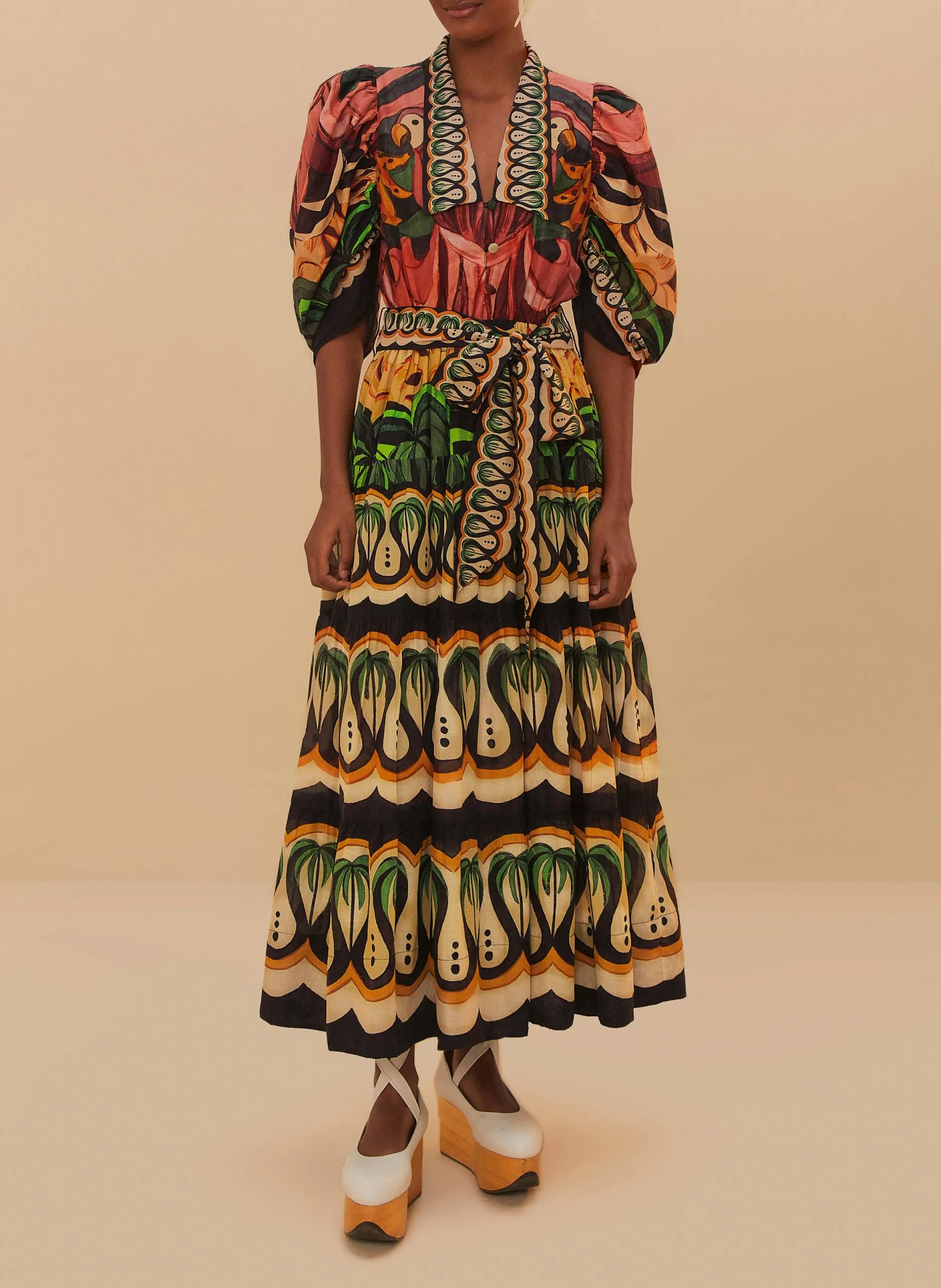 Langes Baumwollkleid mit Print Mehrfarbig