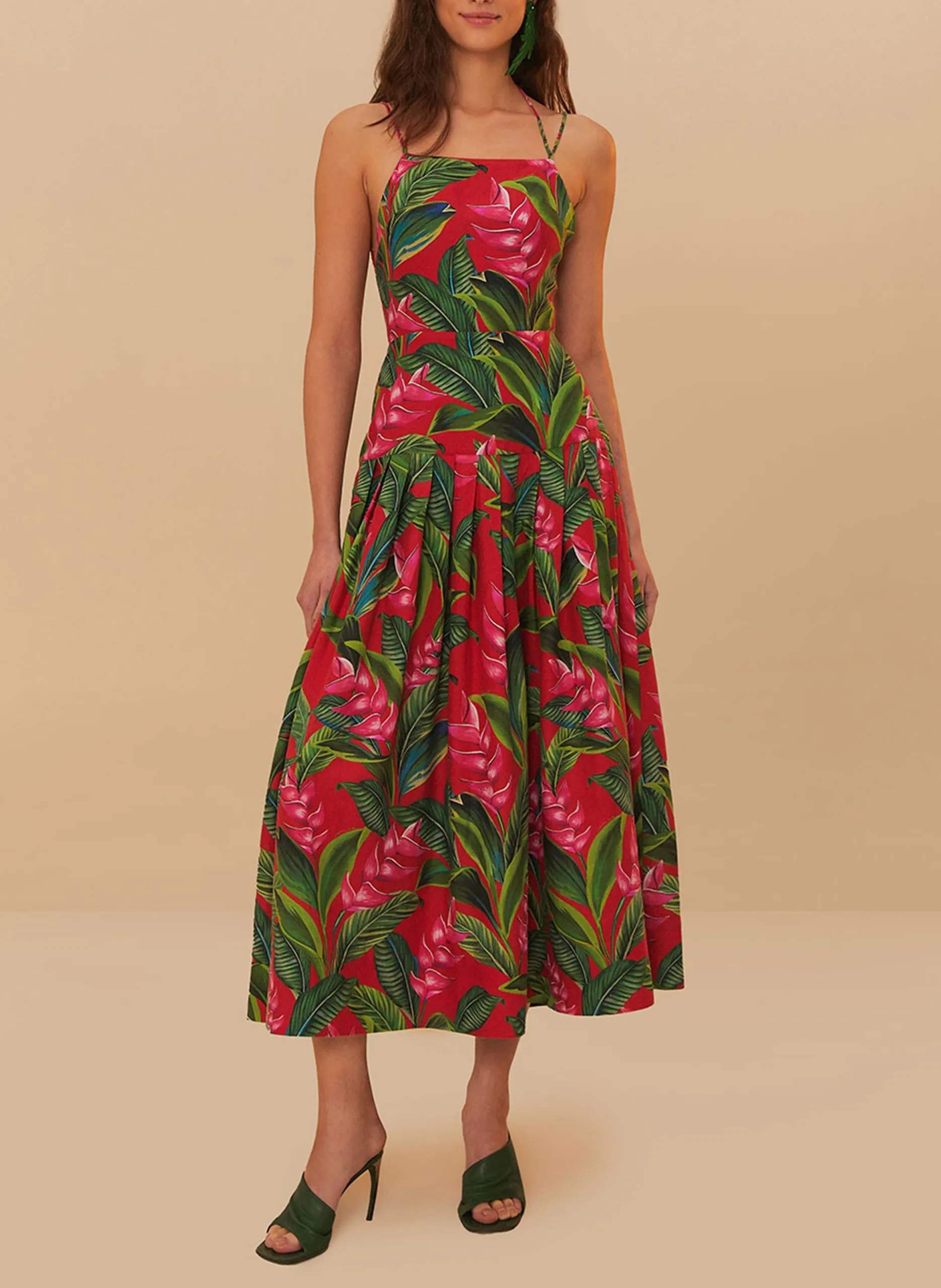 Midi-Kleid mit quadratischem Ausschnitt aus Leinenmischung Rot